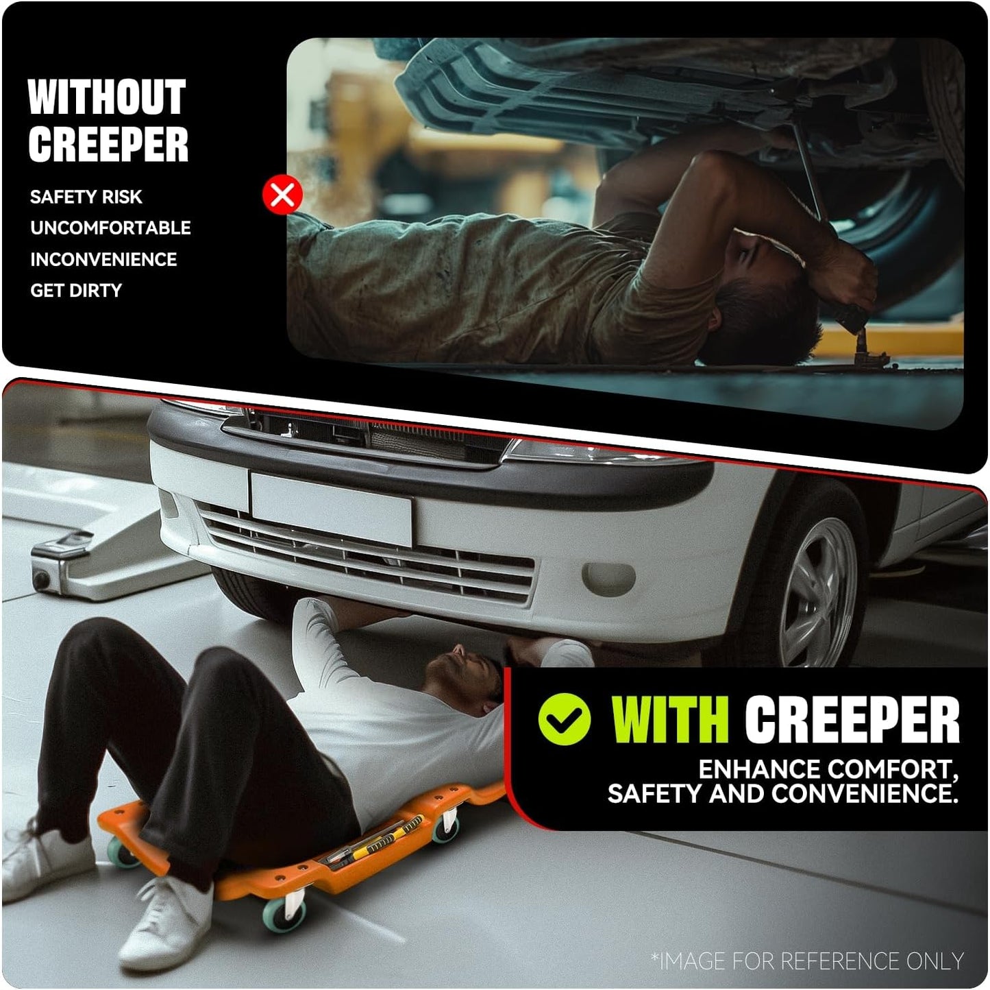 Auto Dynasty 40 Inches Mechanic Creeper, Automotive Garage Repair Low Profile Under Car Rolling Creeper with Padded Headrest, Plastic, Orange