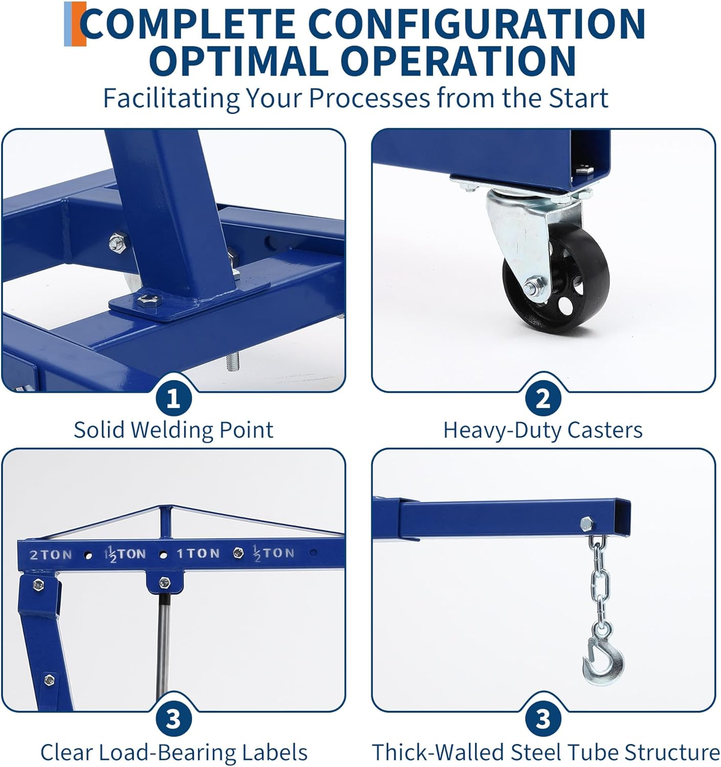 Engine Hoist Cherry Picker, 2 Ton Folding Hydraulic Engine Hoist with Telescopic Boom & 6 Casters, Heavy Duty Shop Crane Lifting Cherry Picker for Workshops Garage, Blue