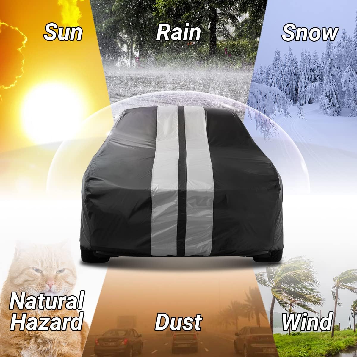 iCarCover Custom Car Cover for 1974-1978 Ford Mustang Waterproof All Weather Rain Snow UV Sun Protector Full Exterior Indoor Outdoor Car Cover (Stripe - Black/Gray)