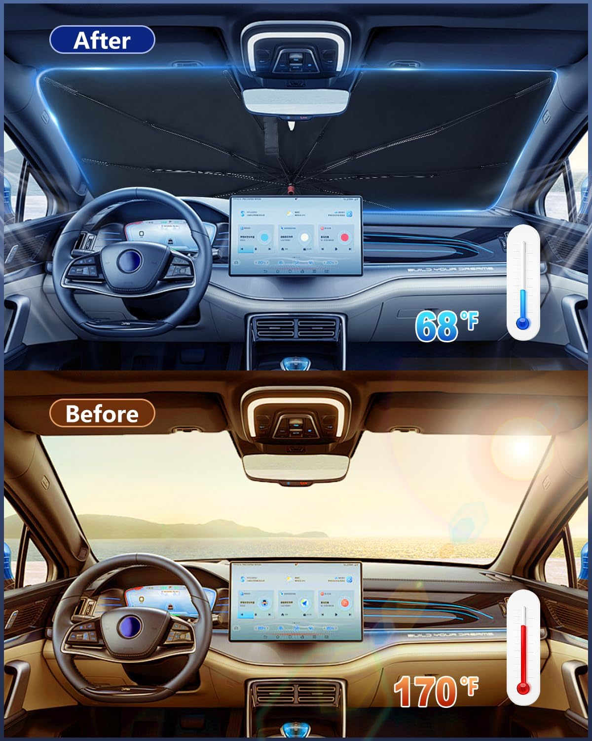 Foldable Windshield Sun Shade Umbrella – Reflective Car Window Cover for Front Windshield, Heat Blocker for SUV, Truck, Sedan – Easy Storage with Bendable Handle