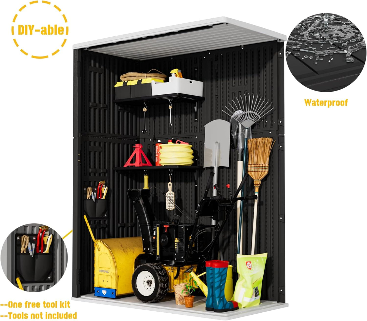 Vertical Outdoor Storage Cabinets, Plastic Sheds&Outdoor Storage with Floor,Outdoor Storage Box Waterproof/Lockable for Garage,Bike,Tools Storage Shed (57Cu.ft-Black White)