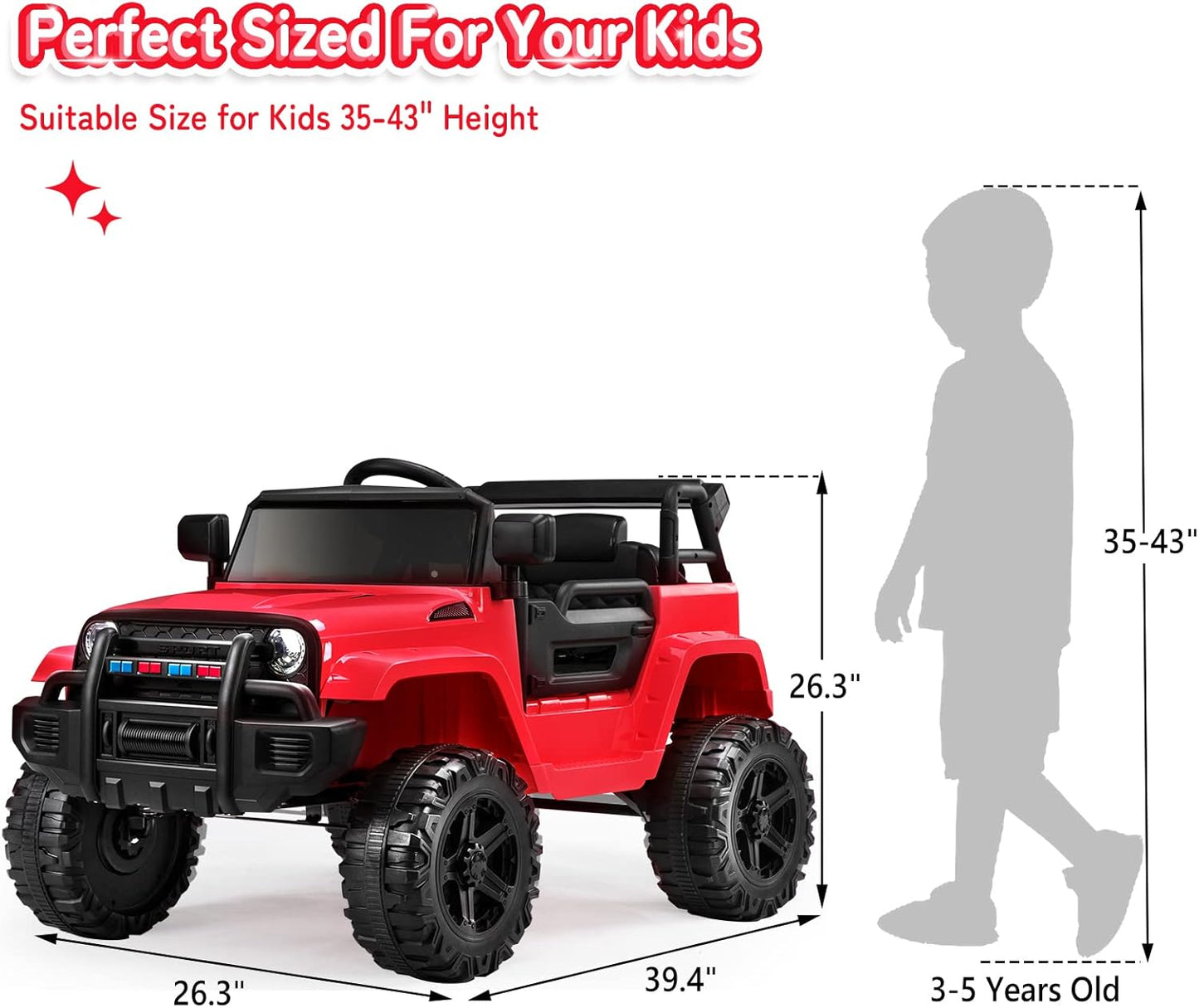 JOYMOR Ride on Truck with Remote Control, 4 Wheels 12V Battery Powered Kids Car, with LED Headlight/Horn Button/ MP3 Player/USB Port/Forward Backward/Kids Girl Boy (red)