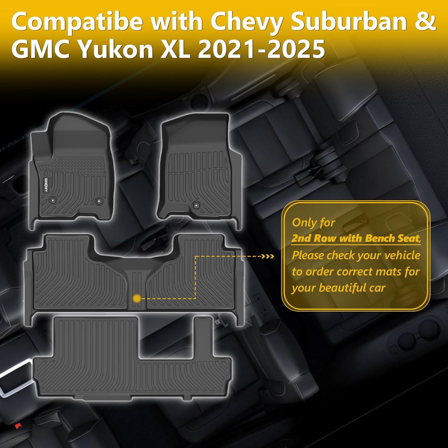 GINOWY-Floor Mats & Cargo Liner for Chevy Suburban/GMC Yukon XL 2021-2024 2025 8 Seats Bench Seat TPE All Weather Protection Car Mats Custom Non-Slip Trunk Mat Suburban Accessories Black