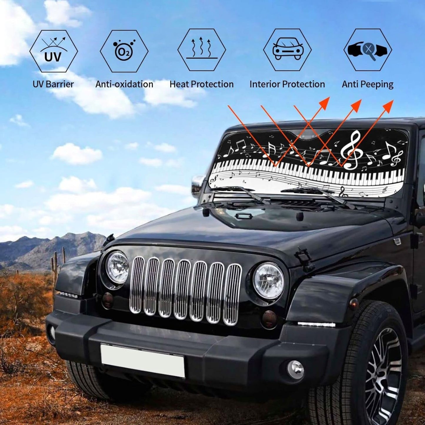 Black White Music Car Windshield Sunshade Front Window Sun Visor Protector Foldable Shield Cover for Truck SUV