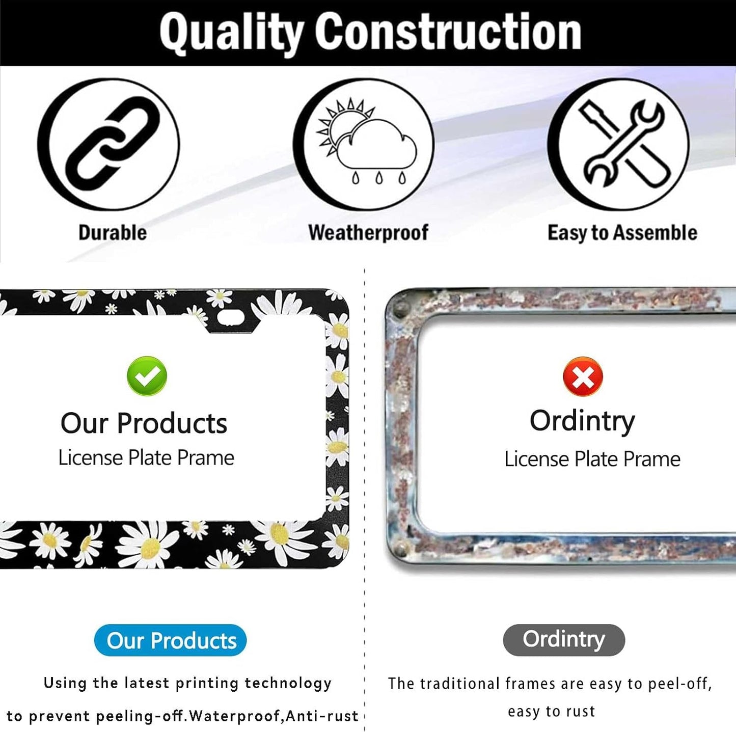 2 Pack Universal Daisy Floral License Plate Frame - Heavy Duty Rustproof Aluminum Matte Black Daisy Car Tag Holder Cover Bracket Fits All Vehicles, Easy Install with Screws Included