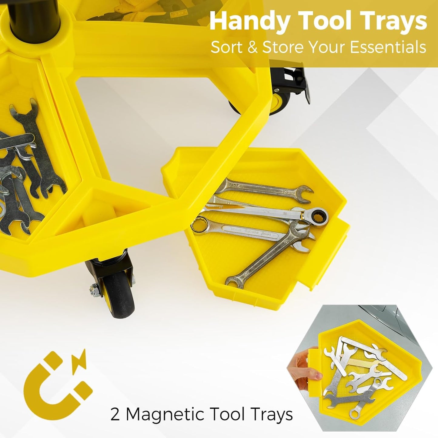 Mechanic Stool, 350 LBS Capacity Rolling Shop Stool with Lockable Wheels, 2 Magnetic Tool Trays & Padded Seat, 20"-25" Height Adjustable Workshop Chair Creeper Seat for Garage, Auto Repair