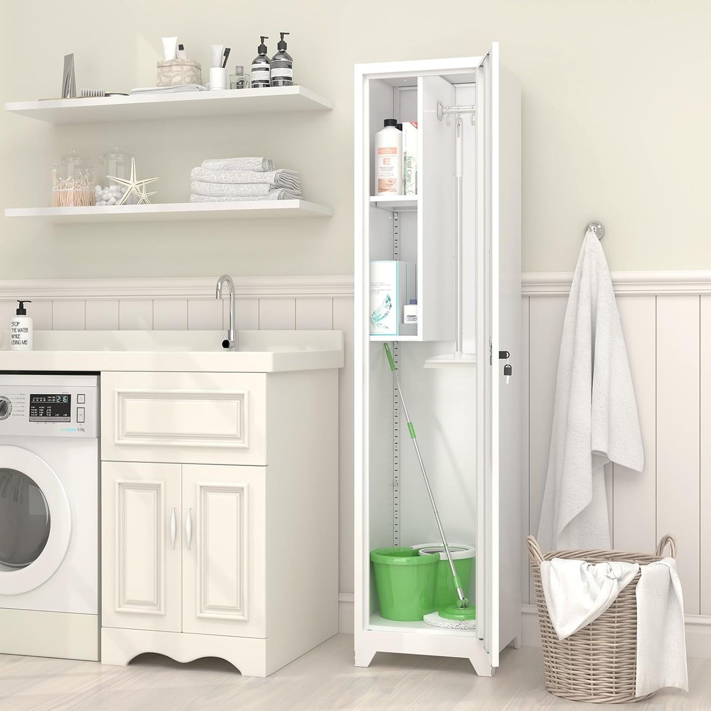 GREATMEET Slim Broom Closet Storage Cabinet, Narrow Utility Closet, 65" Metal Cleaning Supply Storage with Lock and Door,Utility Cabinets for Brooms and Mops for Laundry Room, White