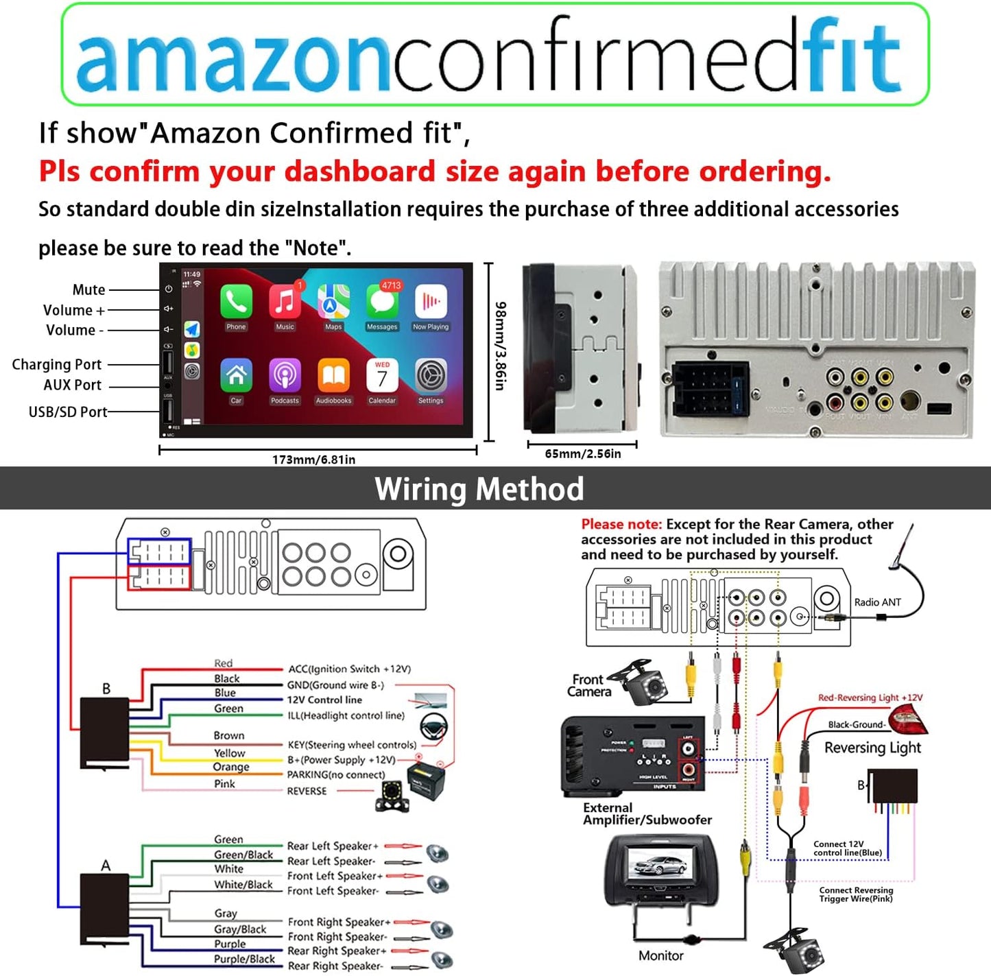 Double Din Car Stereo with Wireless Apple CarPlay & Android Auto, 7inch Touchscreen Car Audio Receiver, Wireless Car Radio with Bluetooth, Backup Camera/Mirrorlink/FM/SWC/Subwoofer/2 USB/AUX Input