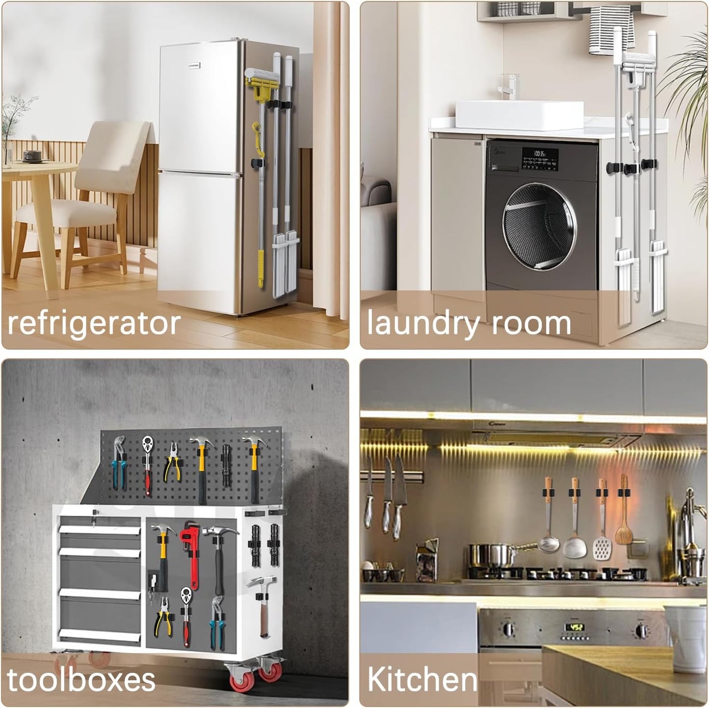 3-H Magnetic Broom Holder with Strong Magnetic Hook 4 Pack,Broom Holder Wall Mount for Garage Garden Shed Storage System Laundry Room Home Kitchen Organization