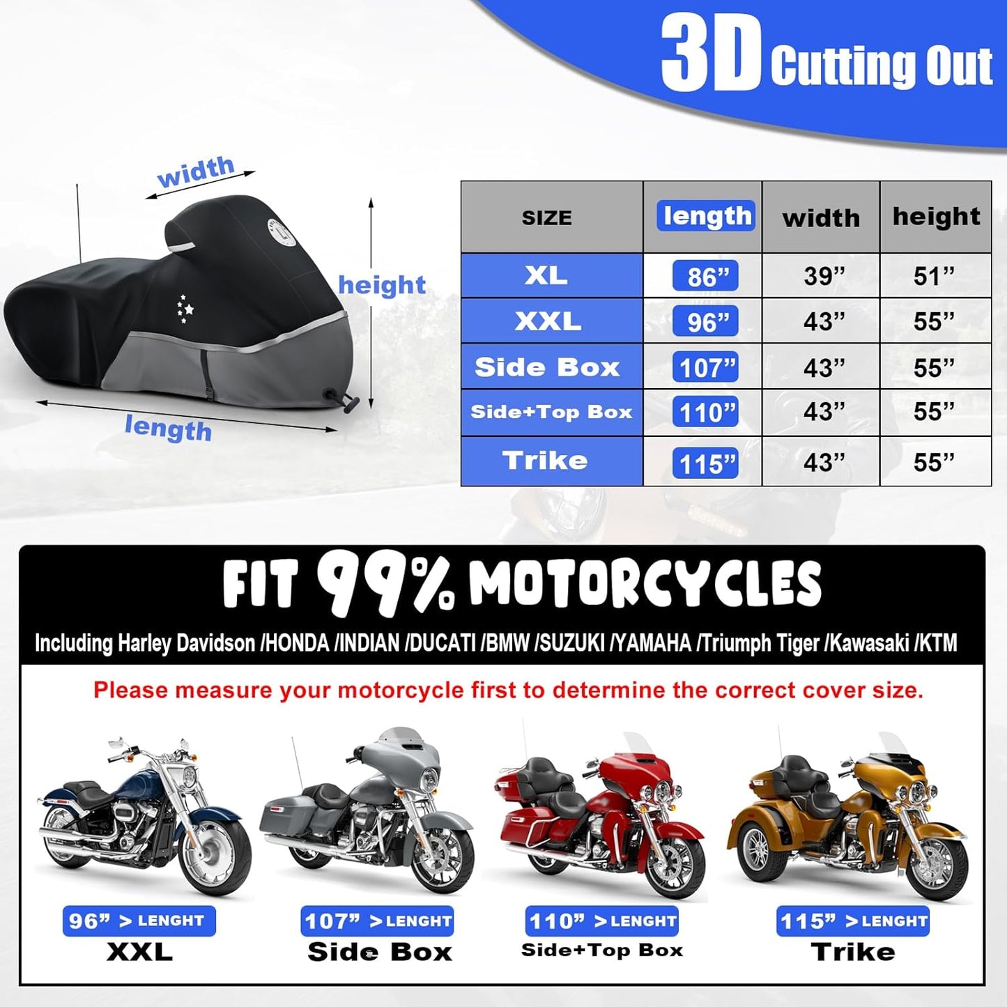 Motorcycle Cover Storage for Touring Models Harley Davidson Road King,Road Glide,Street Glide, Electra Glide,Heritage Classic,Low Rider-ST,and Most Motorcycles Black