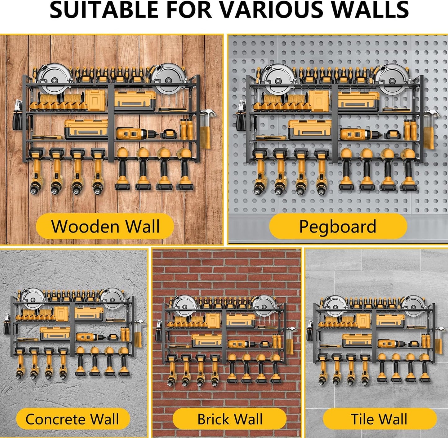Power Tool Organizer Wall Mount:Heavy Duty Drill Holder Rack with 8 Slots, 4-Tier Metal Tool Shelf for Garage Storage, Workshop, DIY(32inch)