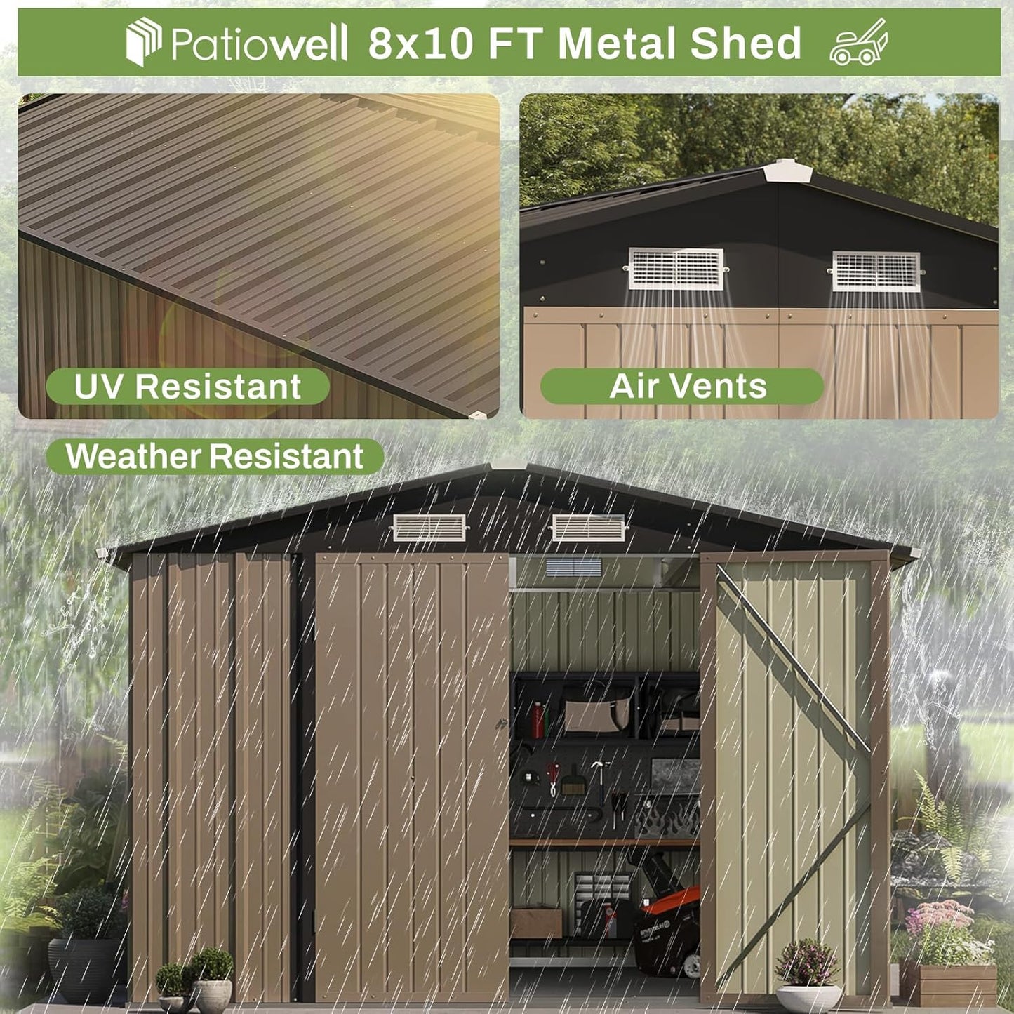 Patiowell 8x10 FT Outdoor Storage Shed, Large Garden Tool Metal Shed with Sloping Roof and Double Lockable Door, Outdoor Shed for Backyard Garden Patio Lawn, Brown