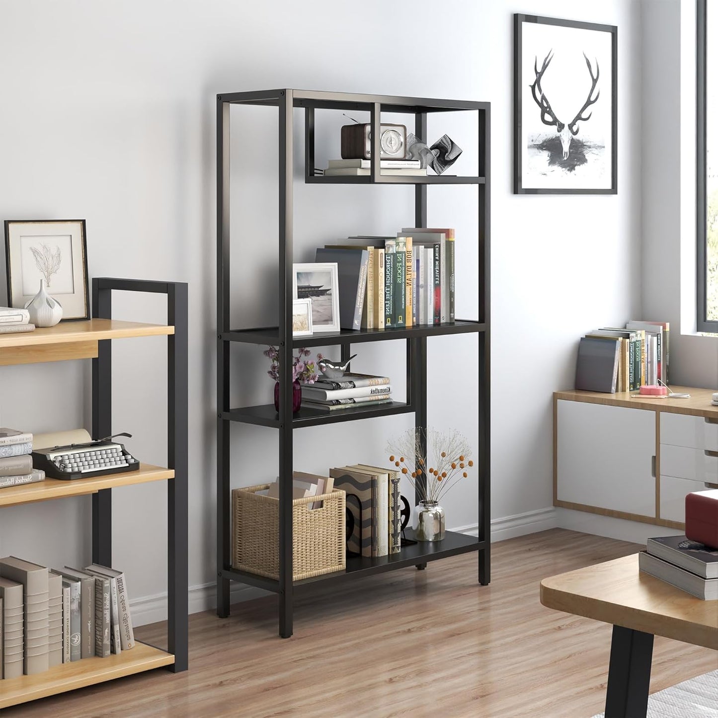 Metal Storage Shelves, 70.9” Tall Geometric Bookshelf, Floor Standing Display Shelving Unit Home Decor Furniture for Office, Bedroom, Living Room, Easy Assembly, Black