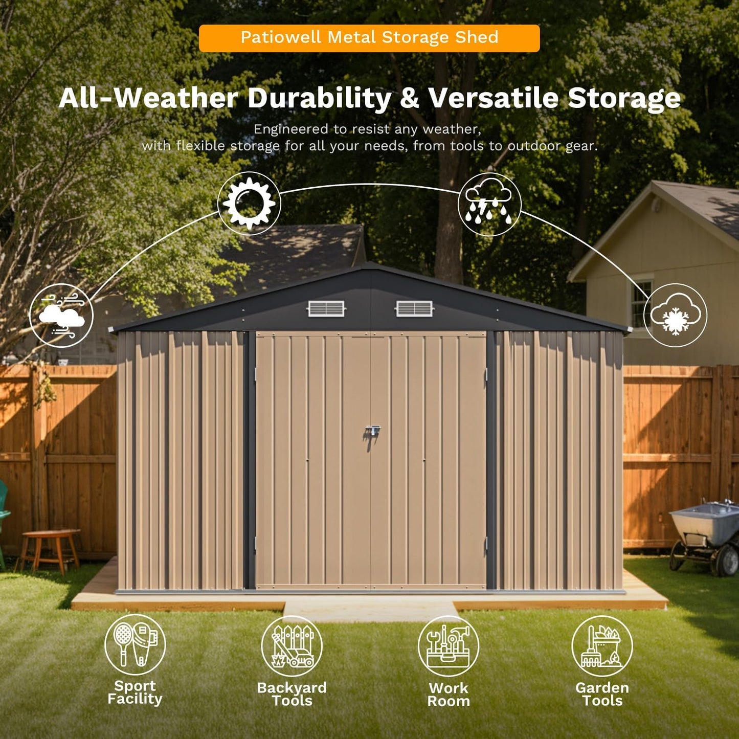 Patiowell 10 x 12 FT Metal Storage Shed for Outdoor, Steel Yard Shed with Design of Lockable Doors, Utility and Tool Storage for Garden, Backyard, Patio, Outside use,Brown