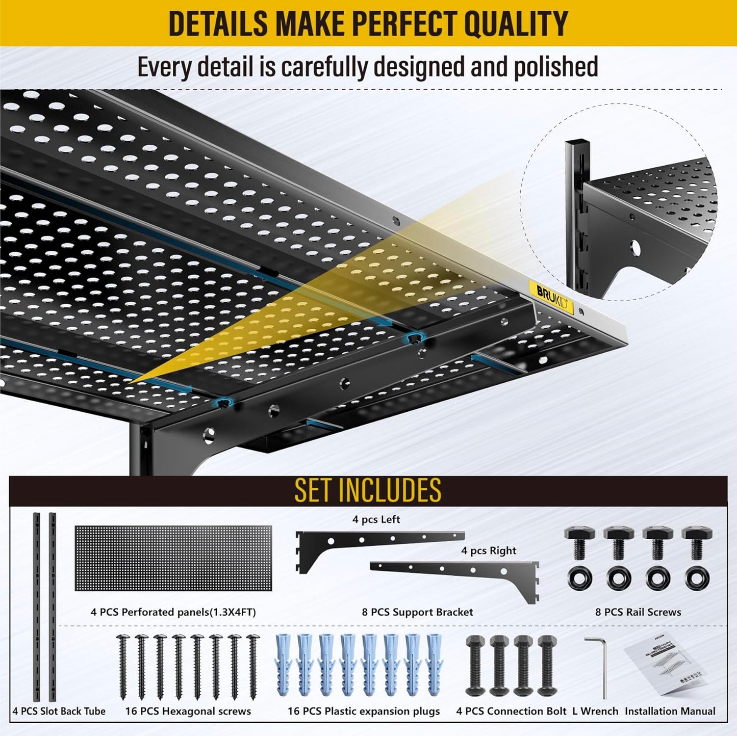 2-Pack 2 Tier 1.3x4ft Garage Shelving Wall Mounted, 800 lbs Load Capacity,15.6x48inch per Shelf Height Cassette Adjustable Floating Shelves(Black)