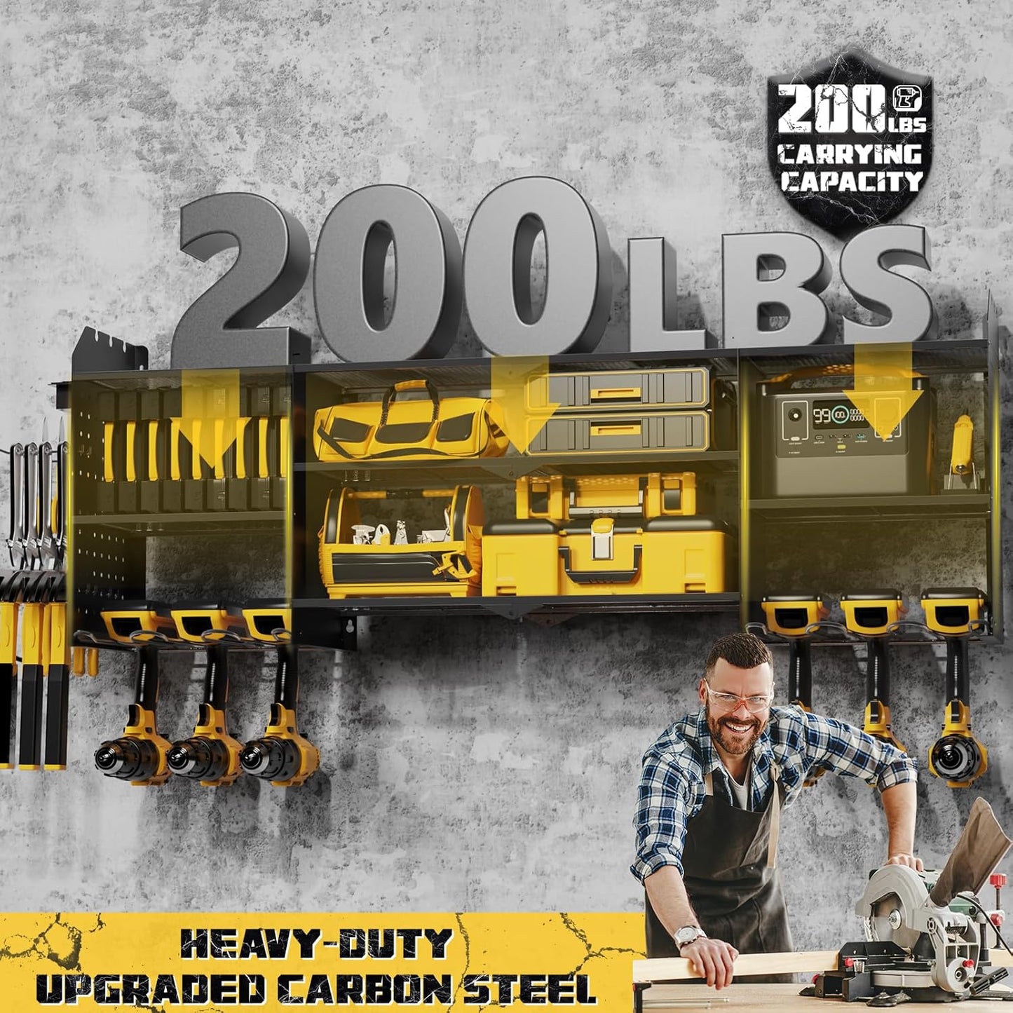 Power Tool Organizer Wall Mount with Charging Station, Expanded Width Power Tool Storage Rack, Large Tool Battery Organizer with Screwdriver/Hammer Heavy Duty Garage Storage