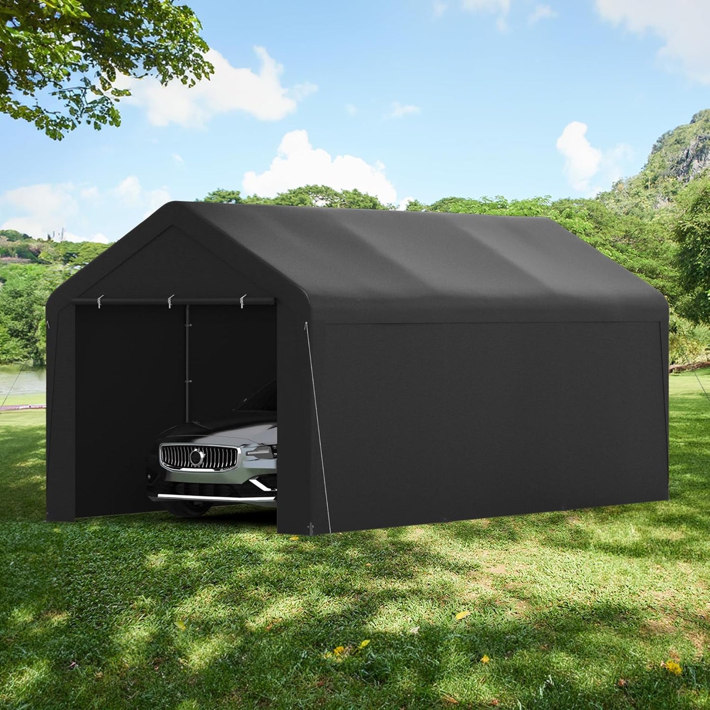 Carport, 10‘ x 20’ Heavy Duty Portable Garage All-Season Car Canopy w/Removable Sidewall & Doors, Carport Canopy Party Tent w/Water-Resistant Tarp for Backyard (Black, 10‘ x 20’)