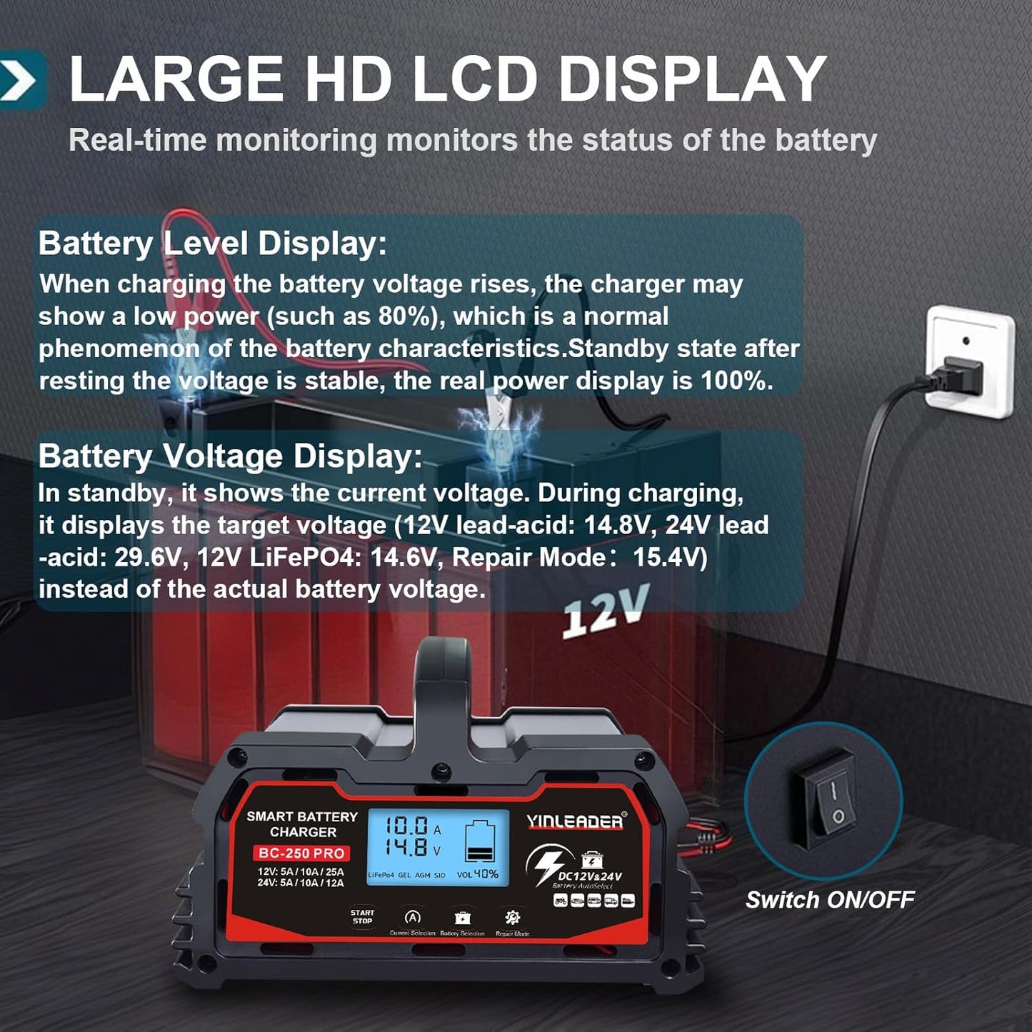 Battery Charger 25A, 12V/24V Lead Acid Smart Battery Charger, 12V LiFePO4 Car Battery Trickle Charger, Automatic Battery Maintainer for Car Motorcycle Lawn Mower Marine Boat Lead Acid Batteries