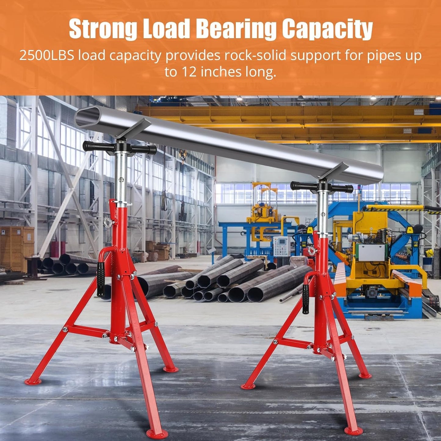 V-Head Pipe Jack Stand, Heavy-Duty Folding Pipe Stand with 2500 Lbs Load Capacity, Adjustable Height 28"-52" for Welding, Automotive & Construction Projects, Red