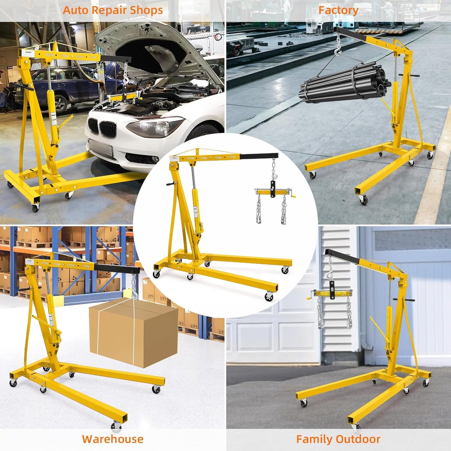 2 Ton Folding Engine Hoist with Lever, Cherry Picker Shop Crane Hoist Lift, 4400 Lbs Heavy Duty Steel Hydraulic Shop Engine Crane for Workshop and Garage, Yellow