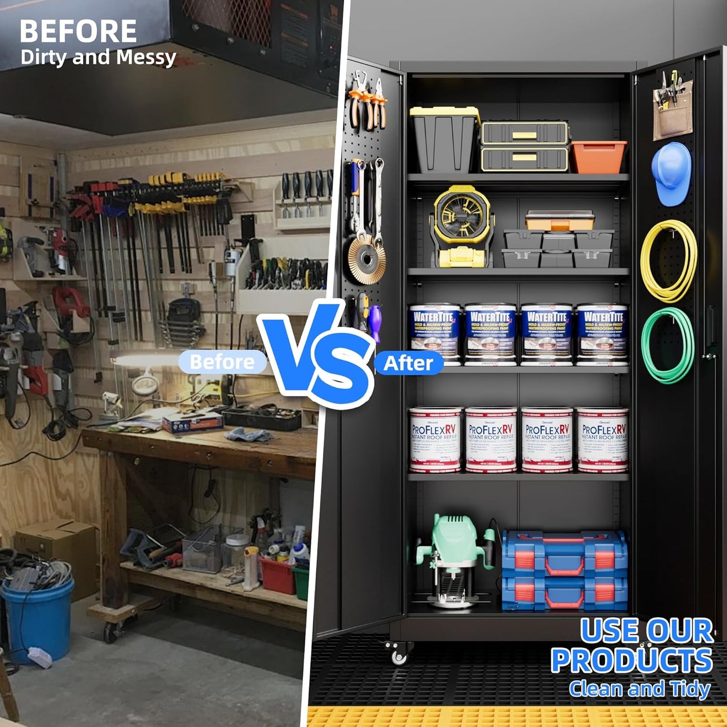 Metal Storage Cabinet with Wheels, Pegboard and 4 Hooks, 73" H Garage Storage Cabinet with 4 Adjustable Shelves and 2 Lockable Doors for Garage Home Office Warehouse, Black, Assembly Required