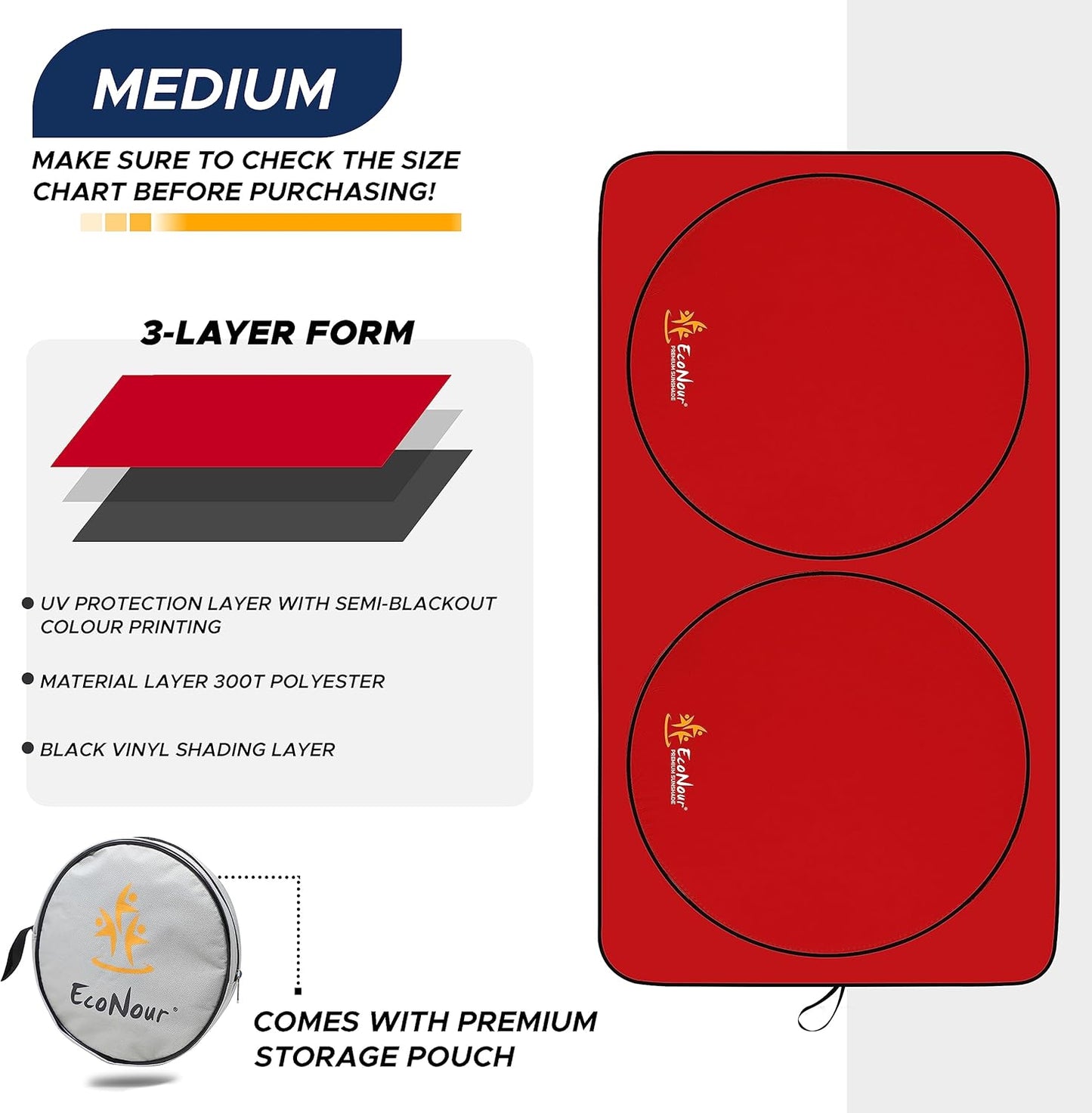 EcoNour Windshield Sun Shade Premium | Sunshade Protects Car Interior | Car Sun Shade Windshield Blocks UV Ray & car Accessories | Universal Fits Small Sedans | Mini SUV & Hatchbacks | Medium (64x32)