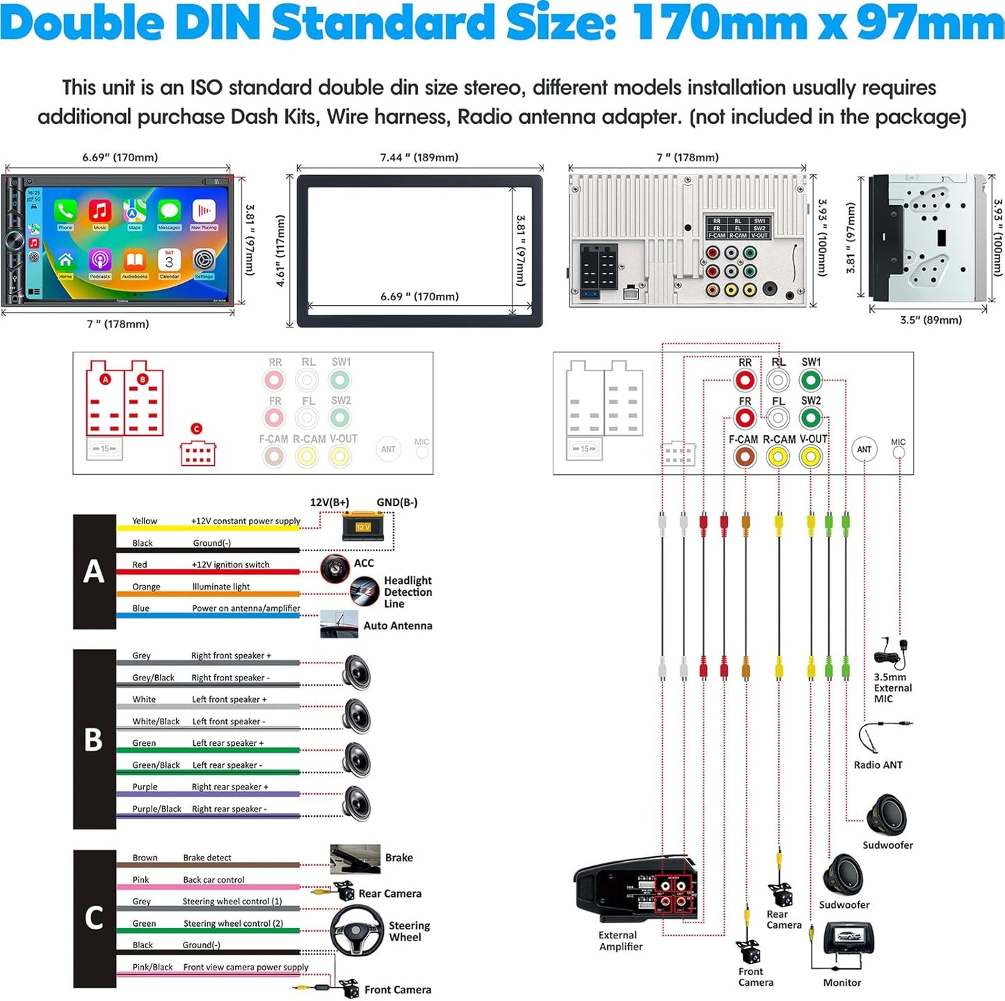 Upgrade Wireless Double Din Car Stereo with Carplay, Android Auto, Bluetooth, 4-Channel RCA, High Power, 2 Subwoofer Ports, 7" HD Capacitive Touchscreen Car Radio, Backup Camera, Audio Receiver