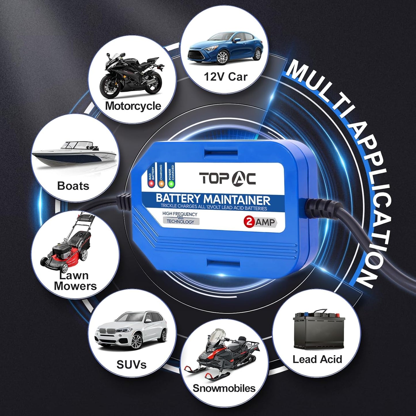 2 Amp Car Battery Charger,12V Smart Fully Automatic Battery Charger Maintainer Trickle Charger and Float Charger for Car Truck Motorcycle Lawn Mower Boat, Lead Acid Batteries