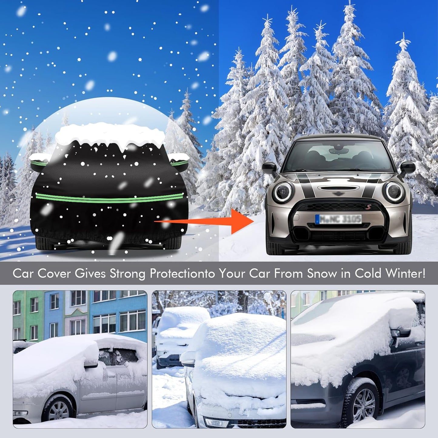 Mini Cooper/Cooper S Car Cover 2002-2023 - 210D Outdoor Waterproof UV Protection With Cotton Layer, Zipper Door, Reflective Strip, Storage Bag for 2-Door