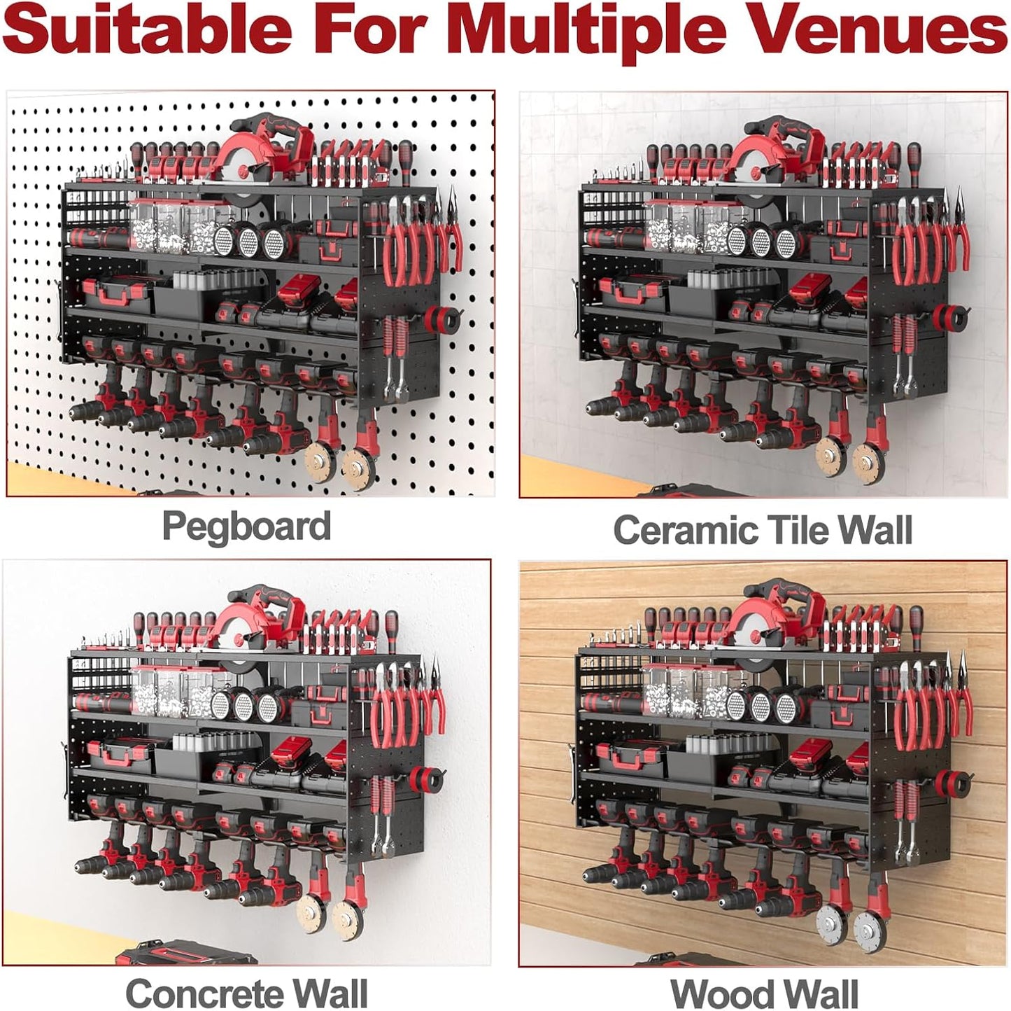 Power Tool Organizer Wall Mount, 4 Tier Tool Storage Rack with 8 Cordless Drill Holders, Heavy Duty Power Tool Shelf for Garage Organization Workshop