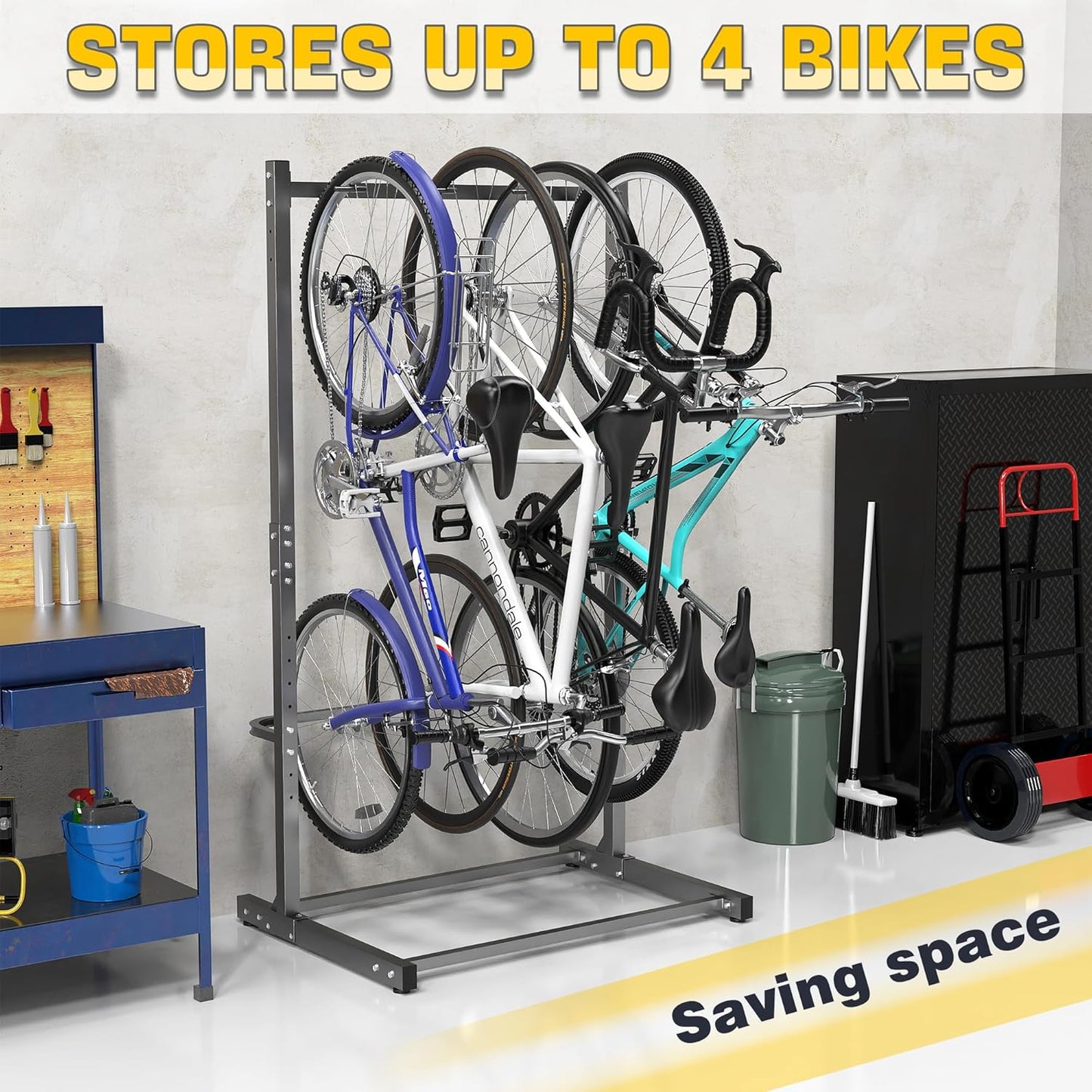 Ultrawall Freestanding Bike Rack, Vertical Bike Storage Stand for Garage, Indoor Bicycle Organizer, Holds Up to 4 Bikes