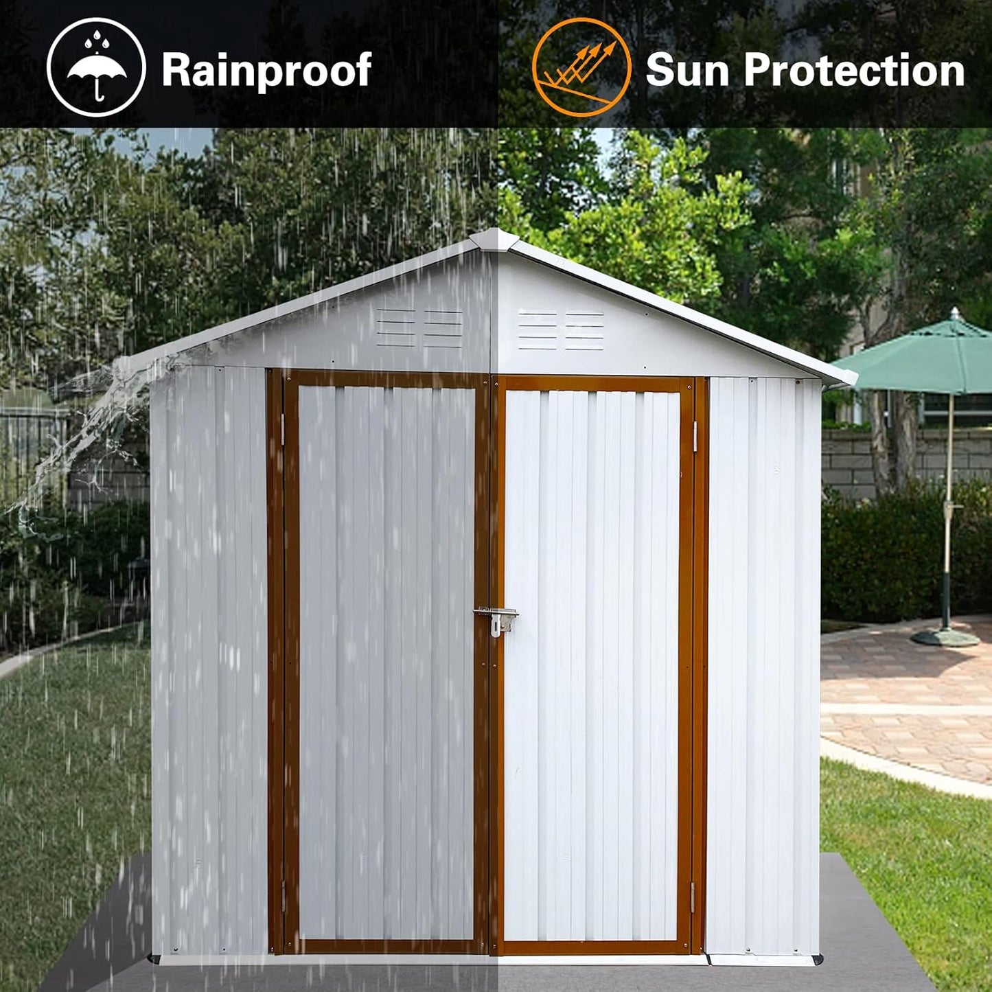 4x6 FT Outdoor Metal Storage Sheds with Apex Roof,Single-Storey Waterproof Roofed Structure Garden Shed w/Lockable Doors,for Lawn Equipment Tool Sundries,White+Yellow