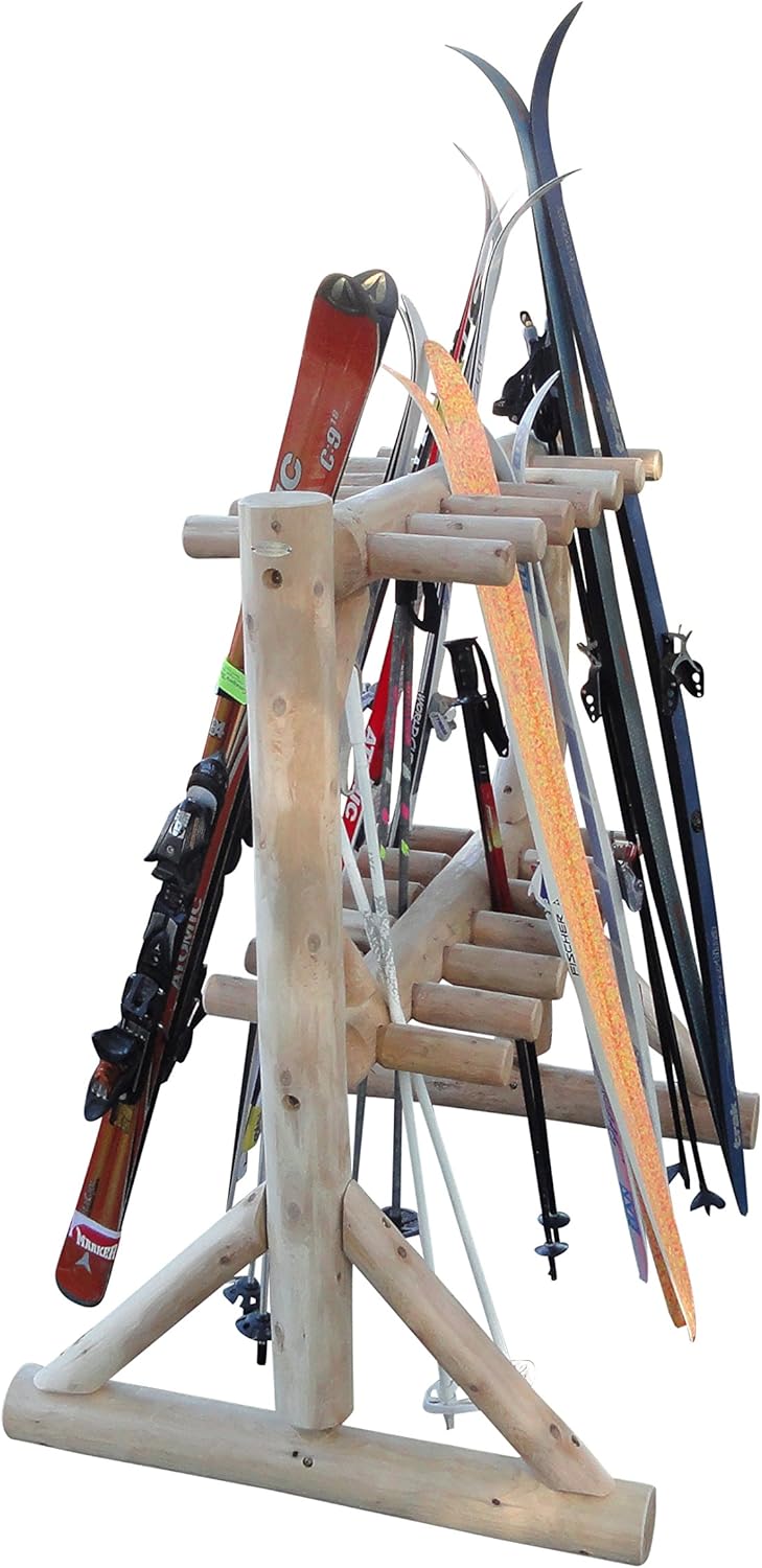 17-Place Freestanding Log Ski Rack Holder, Indoor & Outdoor Snowboard Racks, Standing Storage, Garage Racks for Snow Skis, Durable Snowboard Rack Garage Storage Organizer - Unfinished + 15" Anchor Kit