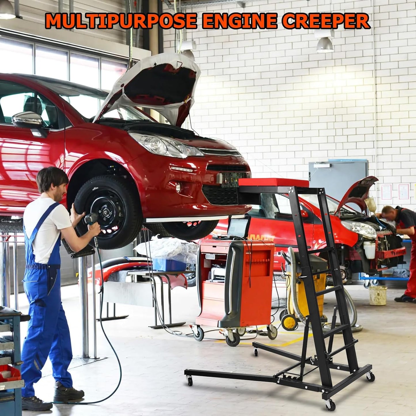 Automotive Engine Creeper - Adjustable Height, Foldable Design with Thick Padded Deck, Heavy-Duty Capacity for Home Garage & Workshop Repair. Versatile for Trucks & Auto Maintenance, Topside Use, Comf