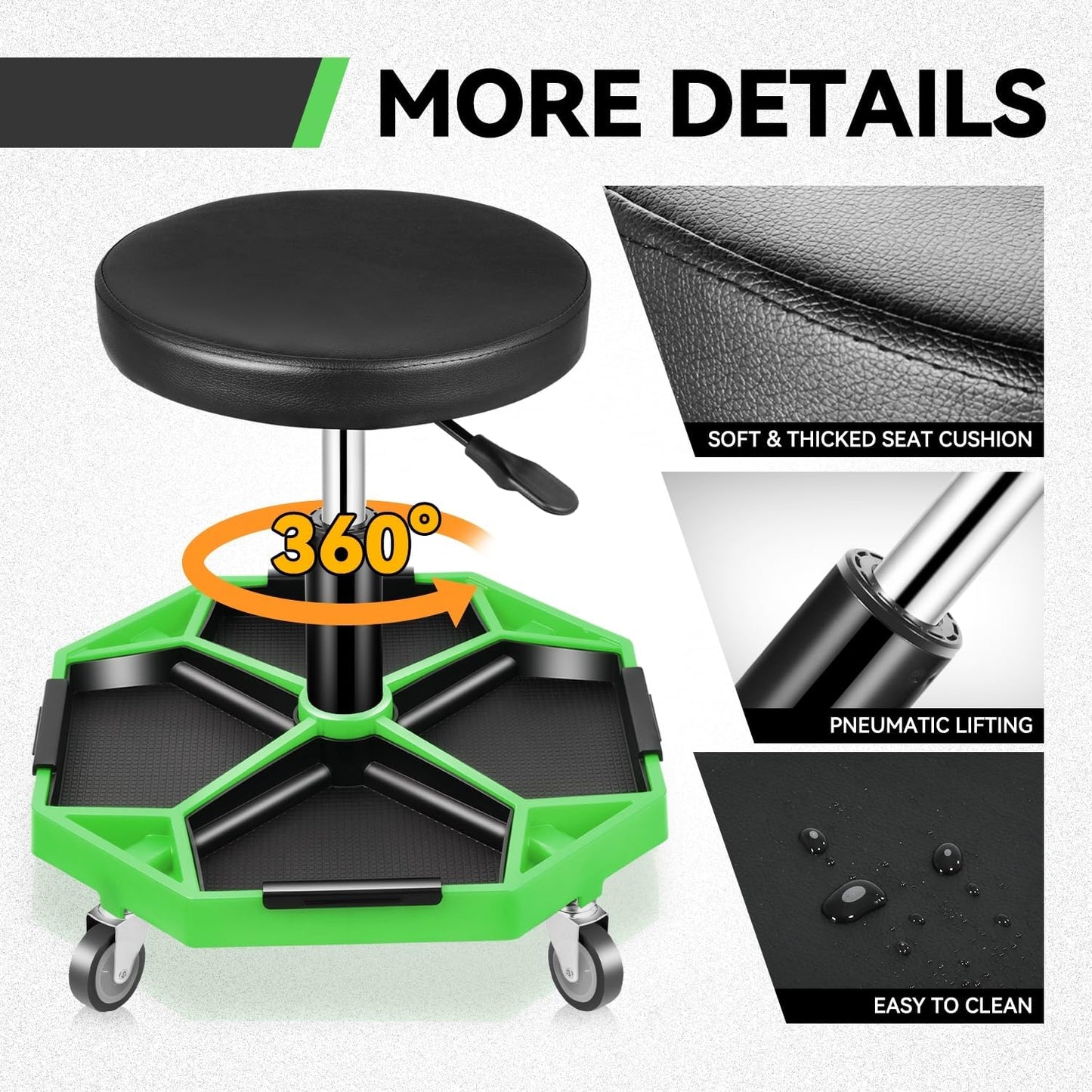 Auto Dynasty Mechanic Stool, Adjustable Rolling Pneumatic Creeper Garage Shop Seat with Tool Tray, 300 LBS Roller Seat for Workshop Auto Repair, Adjustable Height 15.7" to 21", Green