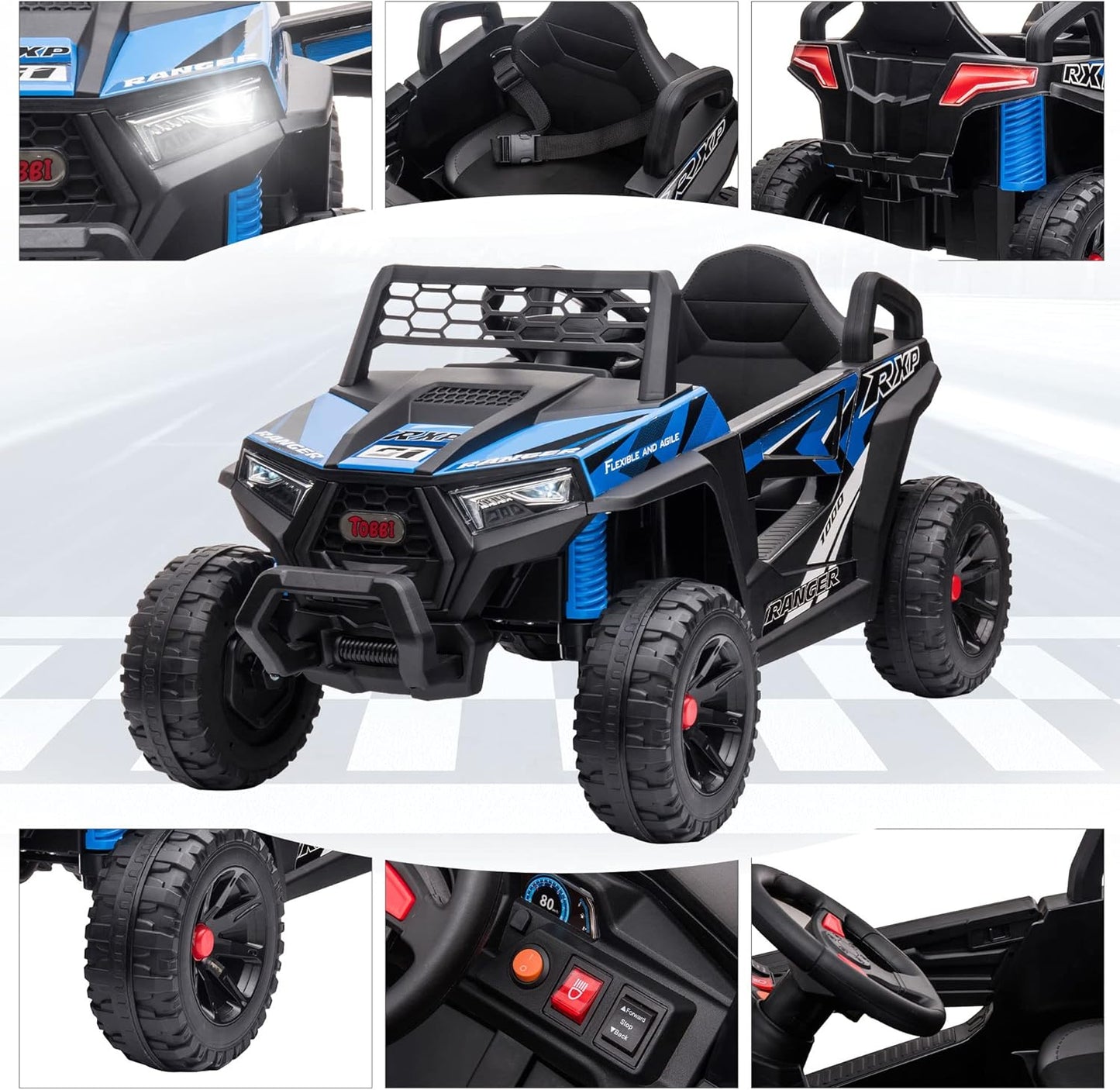 TOBBI 12V Kids Ride on Car, Electric Off-Road UTV Truck with Forward and Reverse Functions, Double Open Doors, Safety Belt, Horn, Music, and Lights for Kids Aged 3-5 Years (Blue)