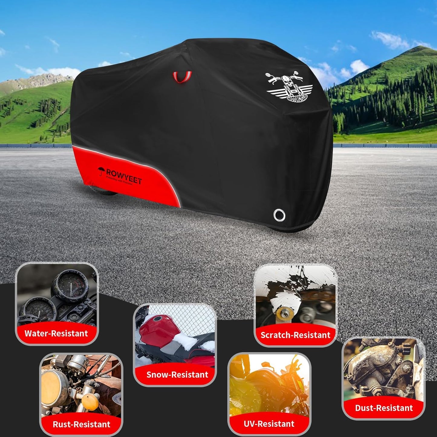 Motorcycle Cover Waterproof Outdoor Storage with Lock-Holes, Storage Bag & Night Reflective Design, Heavy Duty Protection Powersports Vehicle Covers Fits up to 96.5"-116" (420D Red, 96.5")