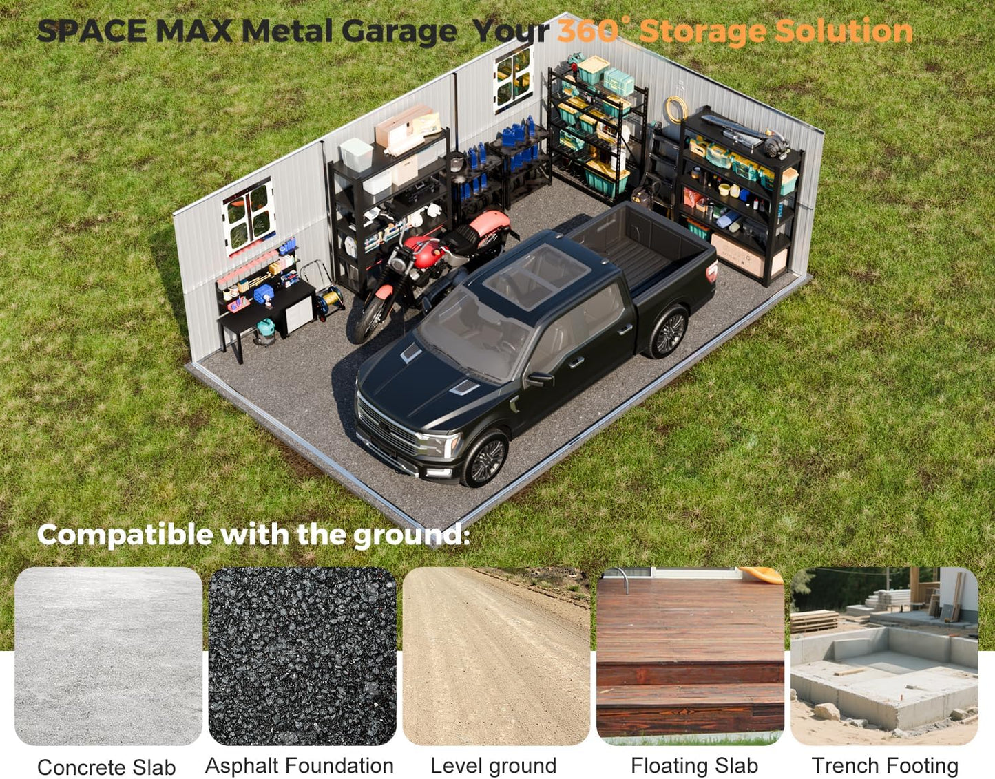 Metal Garage Shed 13x20x8.5', Large Outdoor Storage Building, Ultra-Reinforced Truss System, Weatherproof with Skylights & Dual-Entry, Steel Carport and Workshop for Car,Boat,Big Tool Organization