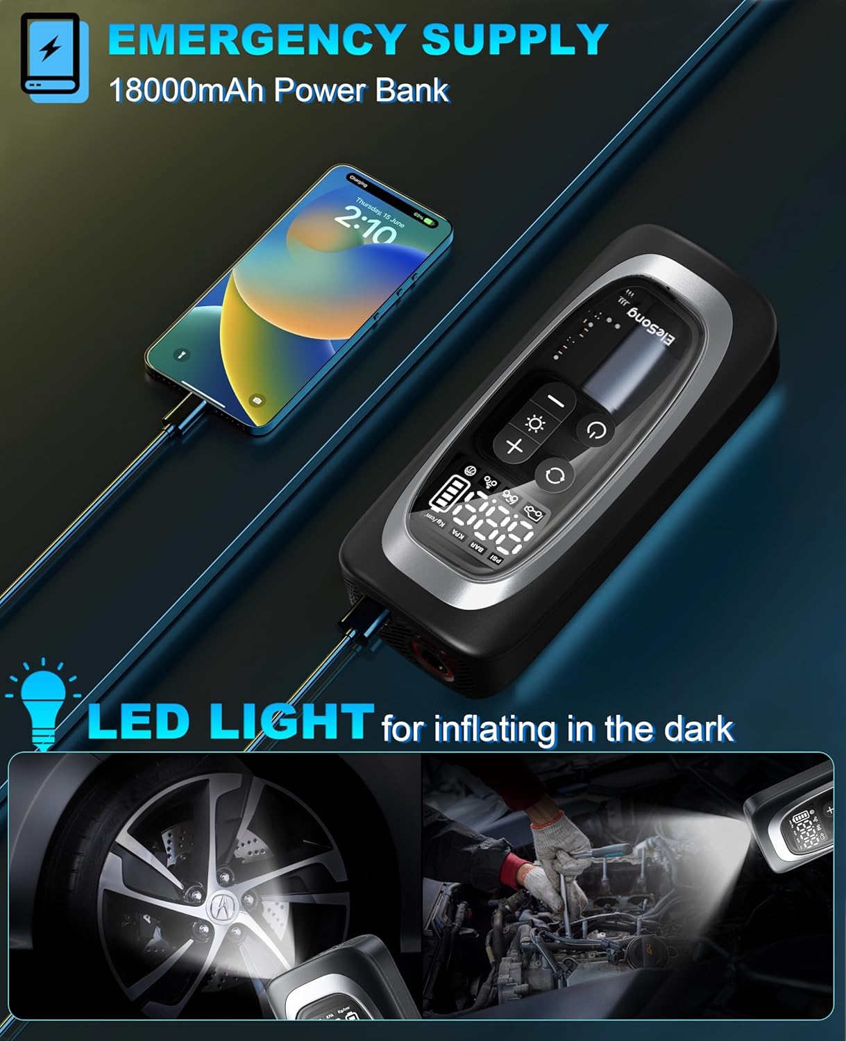 Tire Inflator Portable Air Compressor, 150PSI Air Pump for Car Tires with Digital Pressure Gauge, Bike Tire Pump with LED Light, Auto Shut-Off, Portable Tire Inflator for Car, Bike, Motorcycle, Ball