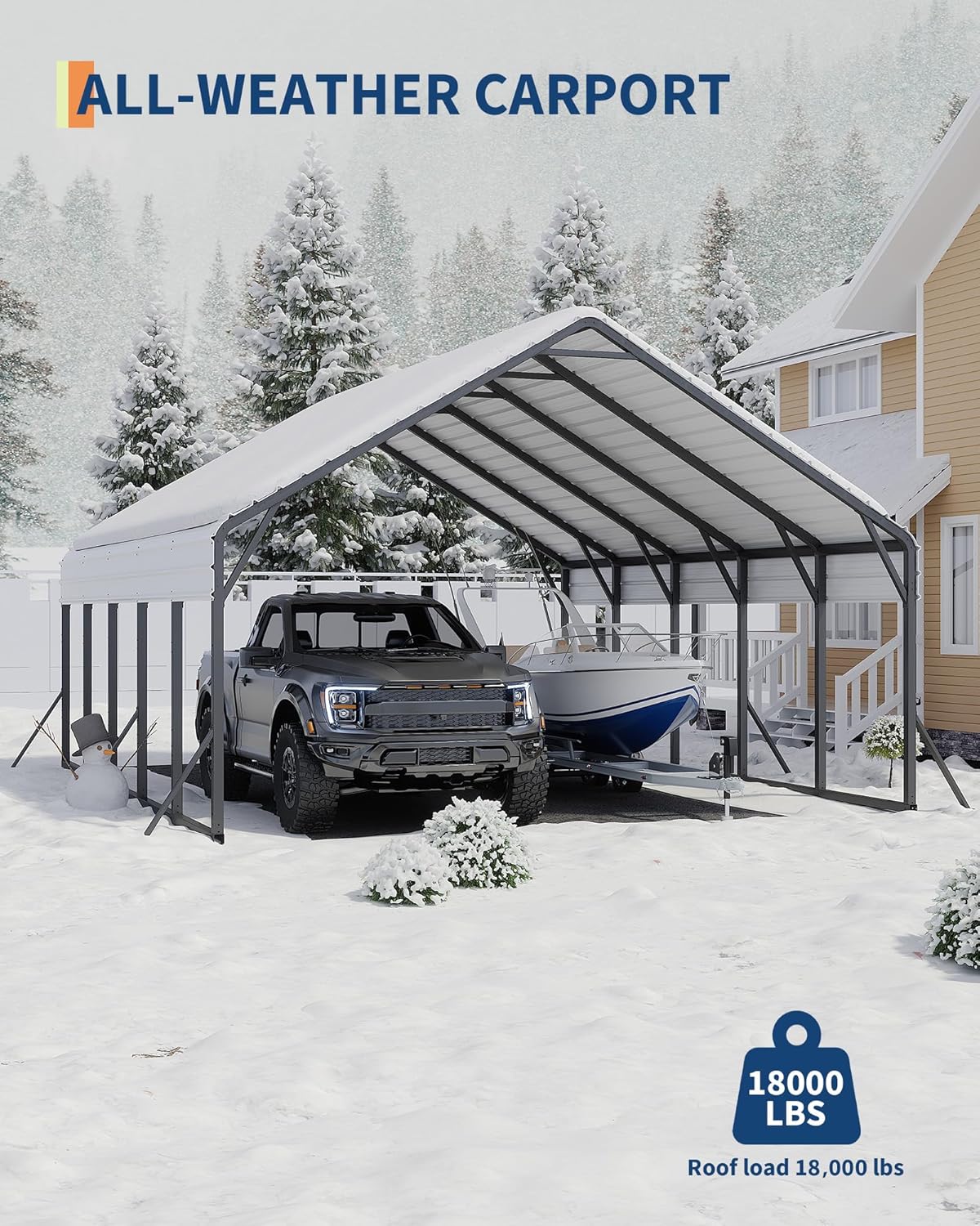 20'x25'x13' Metal Carport for 2 Cars, Heavy Duty Car Ports for Heavy Snow, Reinforced Frame, Tall Metal Car Ports for Bass Boats, Full-Sized Pickup Trucks, and Tractors, N.W. 980 Lbs