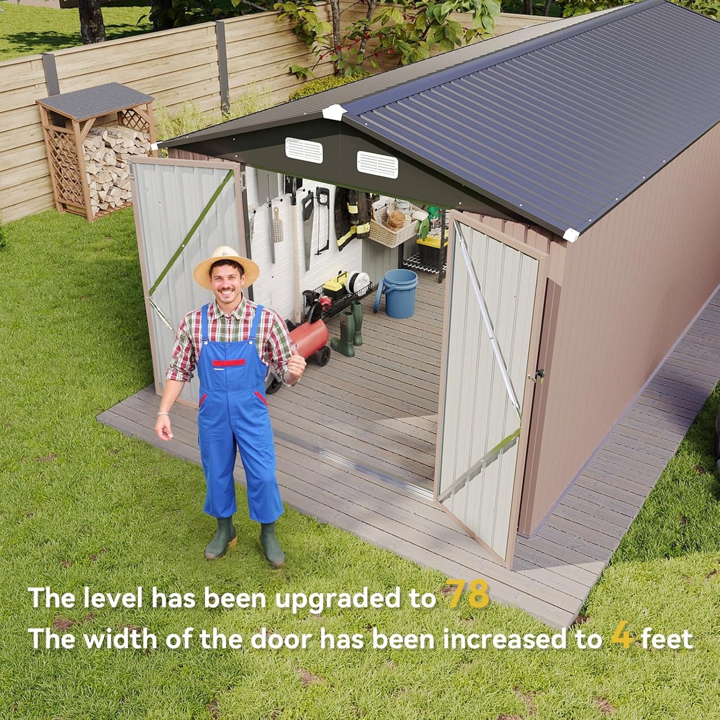 Aoxun 8 x 15FT Outdoor Storage Shed with Double Hinged Large Door Utility Garden Shed with Lockable Door & Sloped Roof Metal Sheds Outdoor Storage for Garden, Backyard, Patio and Backyard, Brown