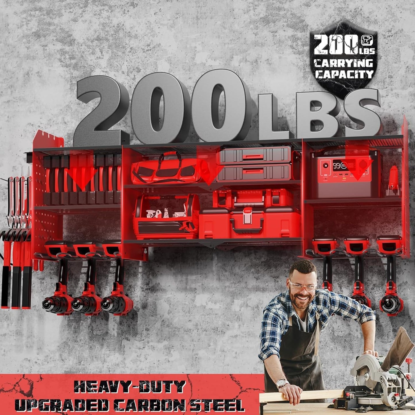 Power Tool Organizer Wall Mount with Charging Station, 45.5" Expanded Garage Wall Tool Organizer with 4 Pegboard Hooks, 6.5FT Outlet Power Strip, Large Garage Storage Rack for Impact Wrenches