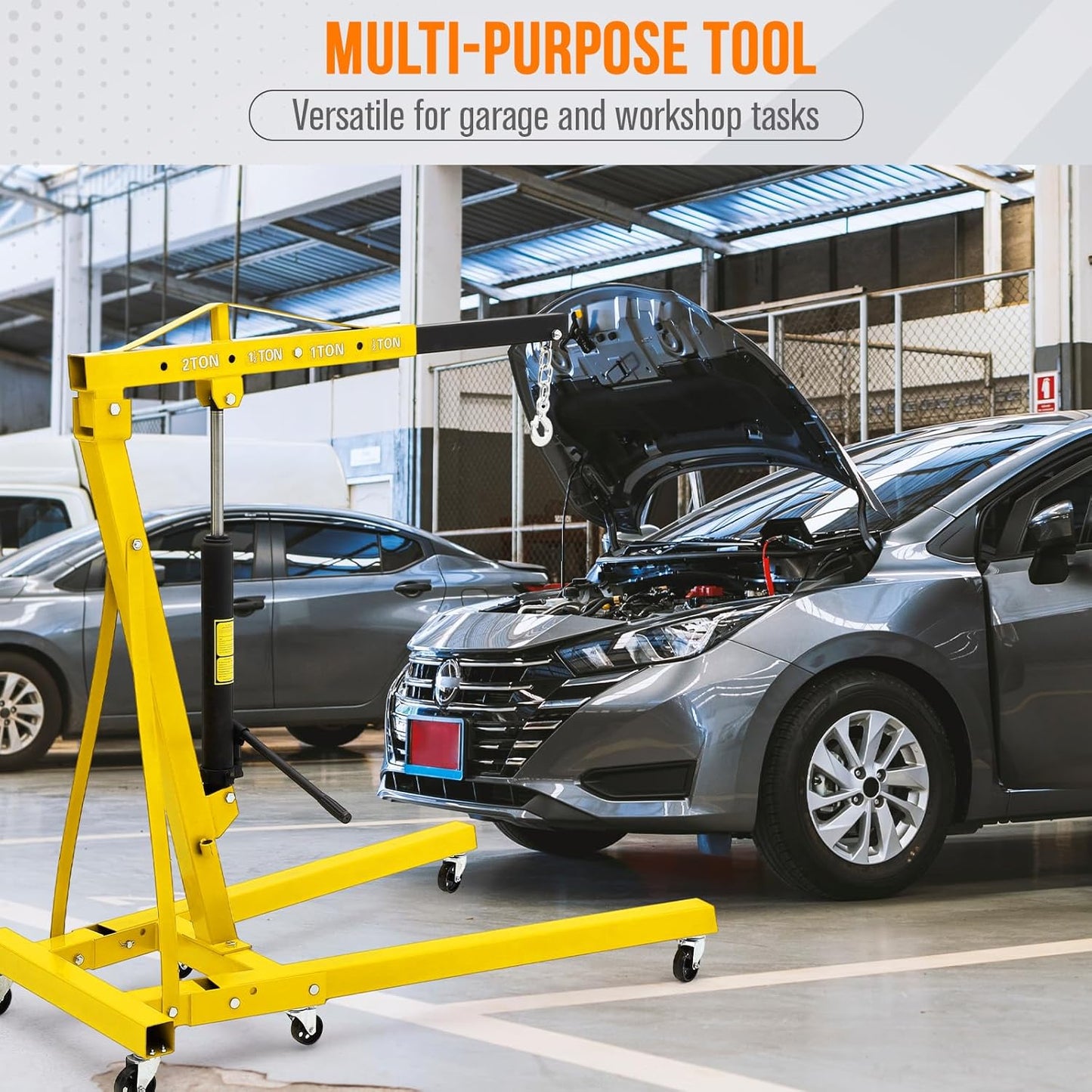 2 Ton Hydraulic Engine Hoist with Lever Stabilizer , Cherry Picker Engine Hoist, 4400LBS Heavy Duty Garage Crane with 6 Swivel Casters & Adjustable Telescopic Boom, for Auto Repair & Workshop (Yellow)