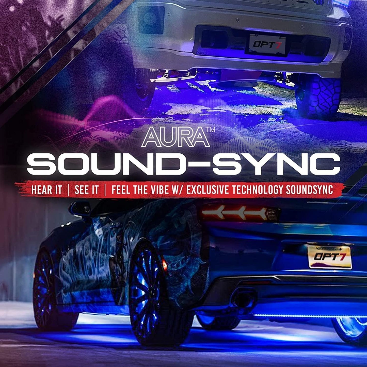 OPT7 Aura Aluminum Underglow LED Lighting Kit for Truck with Remote Control, Exterior Neon Accent Underbody Strip, Multicolor Mode, Waterproof, Soundsync, Aluminum Casing, Door Assist, Smart LED