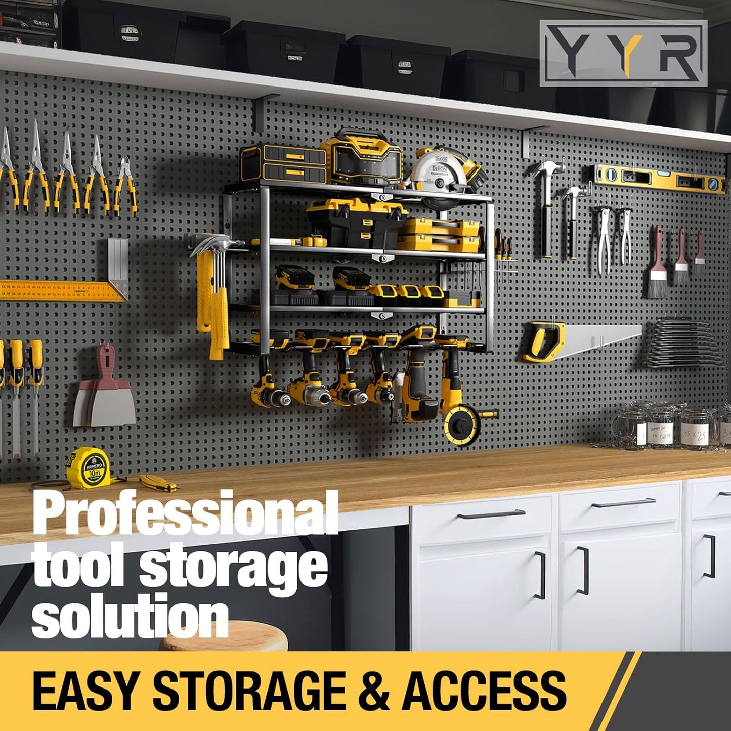 YYR 4 Layer Power Tool Organizer Wall Mount, Cordless Drill Hanger Storage Rack, Battery Tools Holder with Charging Station Shelf for Garage Organization, Workshop, Pegboard, Shed - 24 Inch 6 Slots