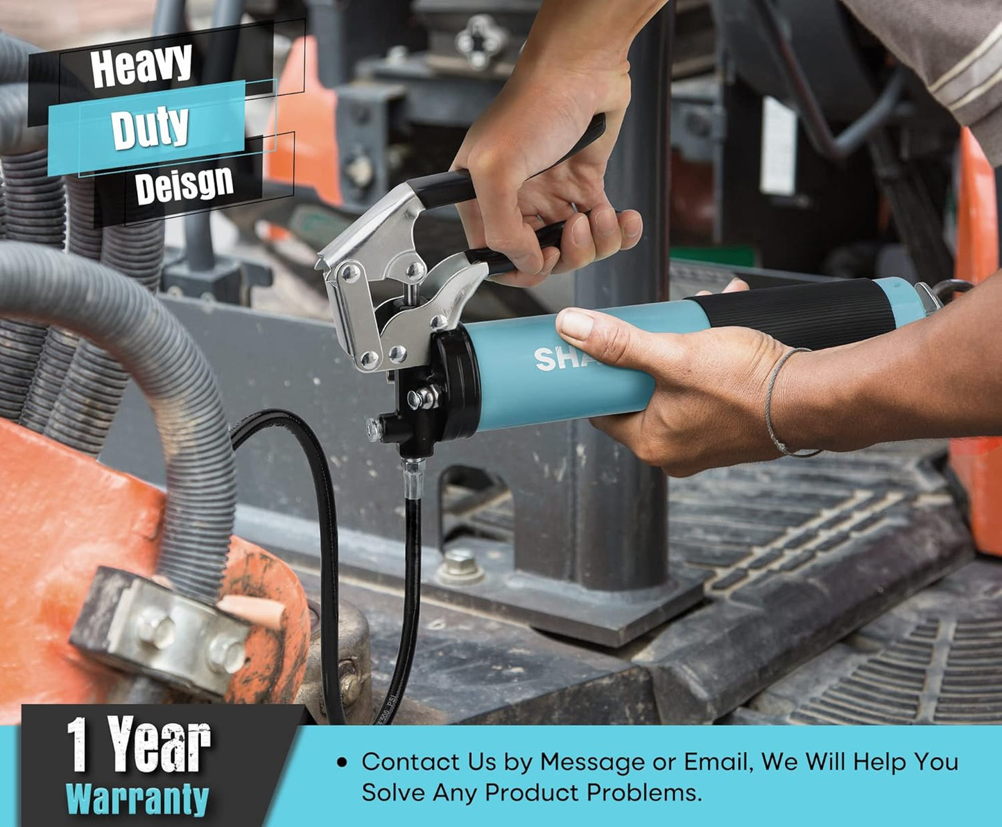 SHALL Grease Gun, 7000 PSI Heavy Duty Pistol Grip Grease Gun Kit w/Grease Gun Coupler, 18” Spring Flex Hose, Reinforced Coupler, 2 Extension Rigid Pipe, Sharp Nozzle, Fittings Cleaner | 14oz Load