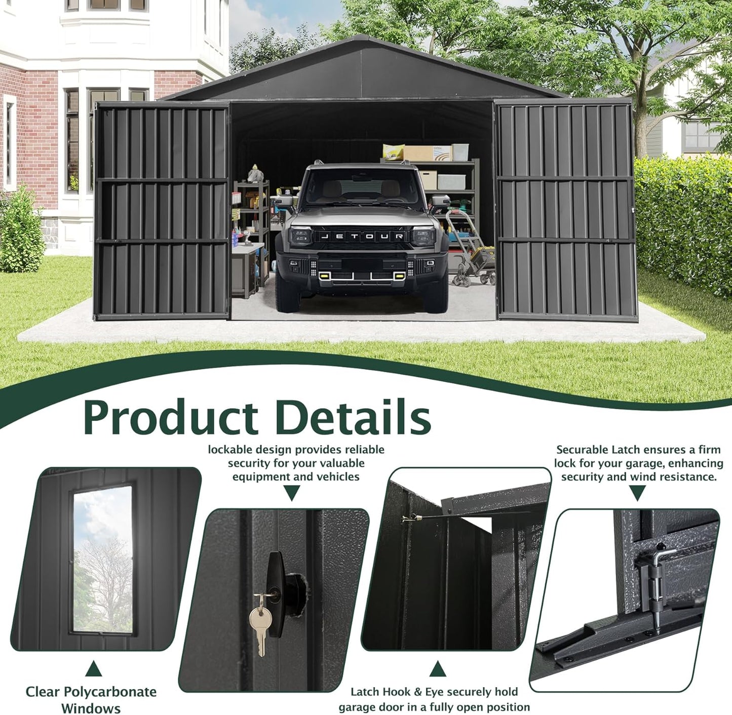 Domi 12’x15’ Outdoor Metal Garage Shed, Weatherproof Enclosed Carport with Sidewalls & 2 Lockable Doors, Backyard Storage Shed for Car, Bike, Motorcycle, Lawn Mower, 80MPH Wind Resistance, Dark Grey