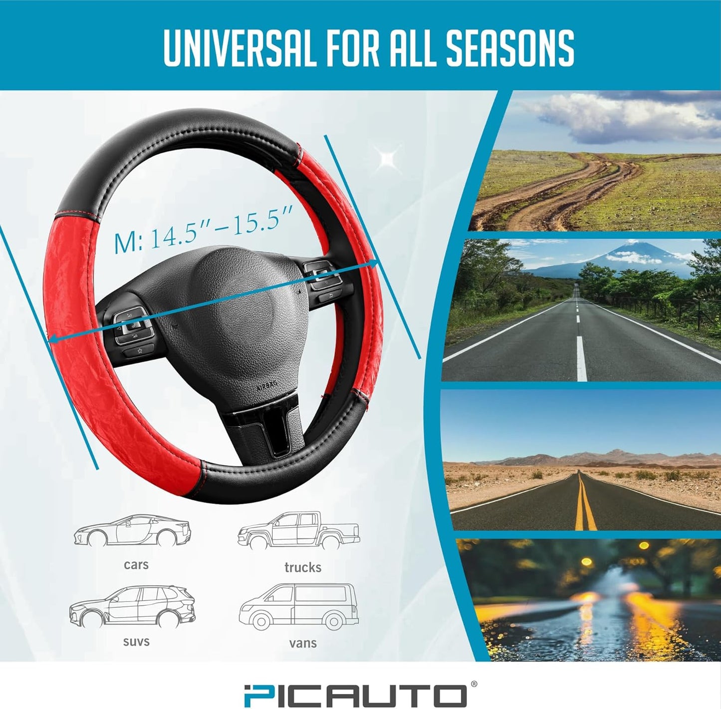 PIC AUTO Steering Wheel Cover, Silk Grain Leather Car Steering Wheel Protector, Comfortable Grip, Universal 14.5-15.5 Inch Anti-Slip Steering Wheels Accessories for Men & Women (Red)