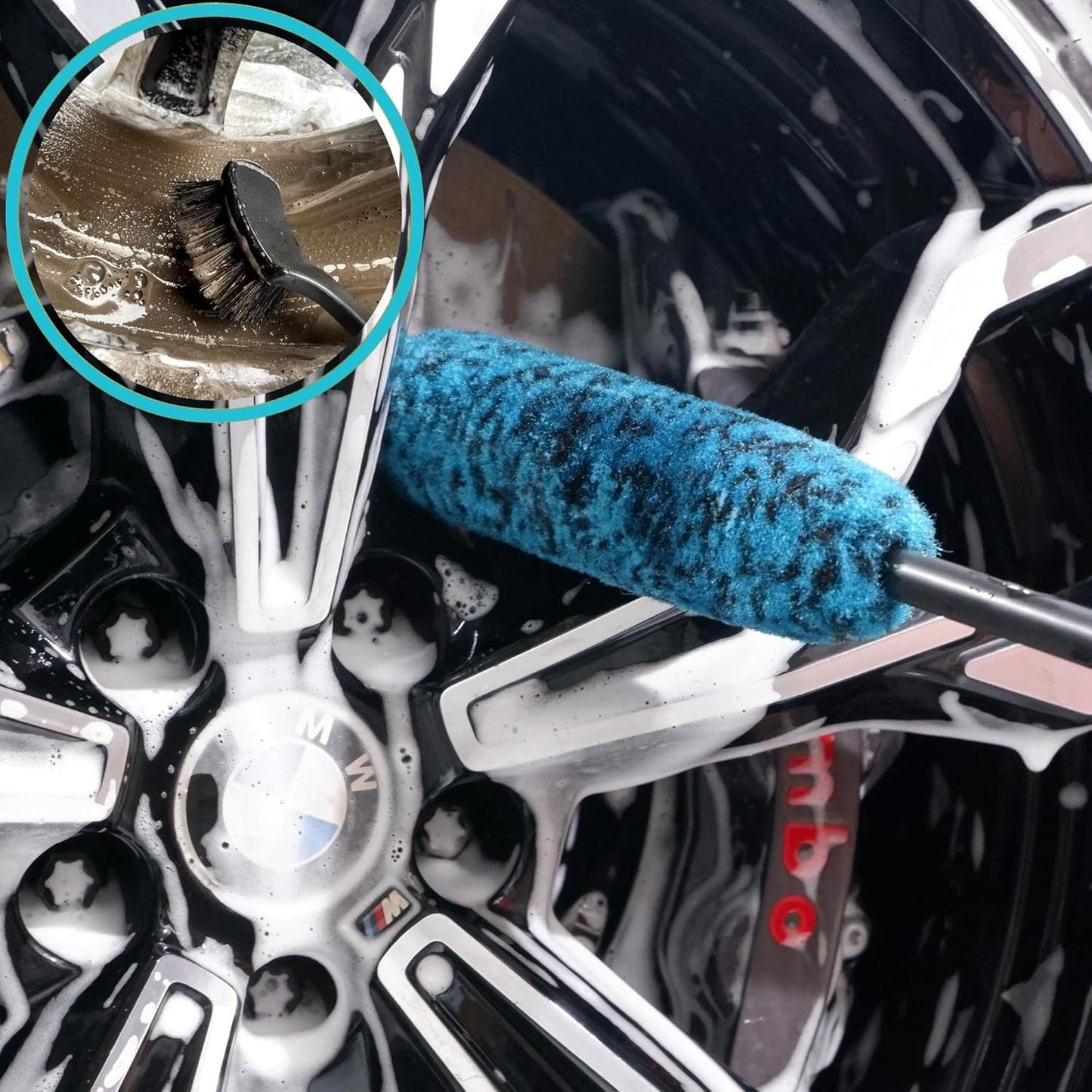 PRO Choice 4 Pack Long Handle Wheel Brush Kit for Cleaning Wheel and Tire- 2X Soft Wheel Cleaning Brush, Detailing Brush and Stiff Tire Brush