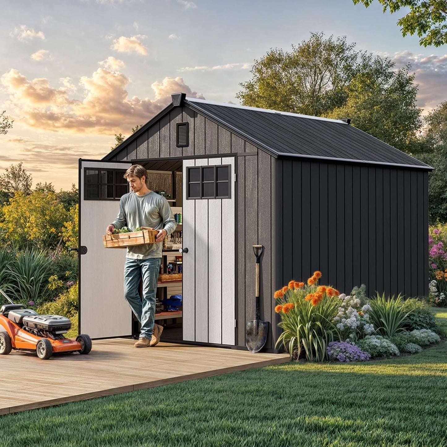 YITAHOME Outdoor Storage Shed 8x10 Ft, Plastic Storage Sheds with Floor, Lockable Doors, Windows, and Vents for Patio, Lawn, Backyard, Large Garden Storage for Bikes, Mowers, and Garden Tools, Black